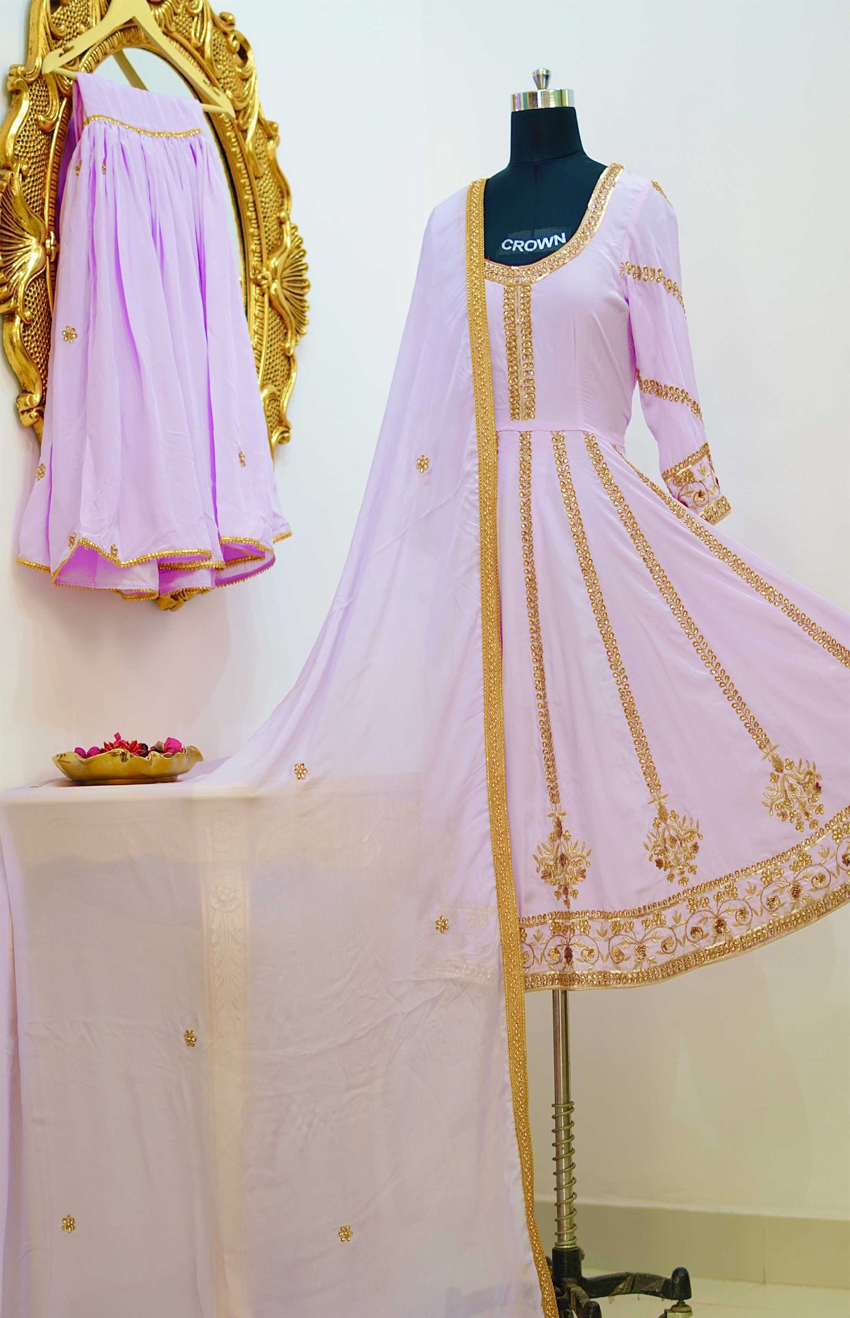 Golden Work Lavender Anarkali With Garara And Dupatta