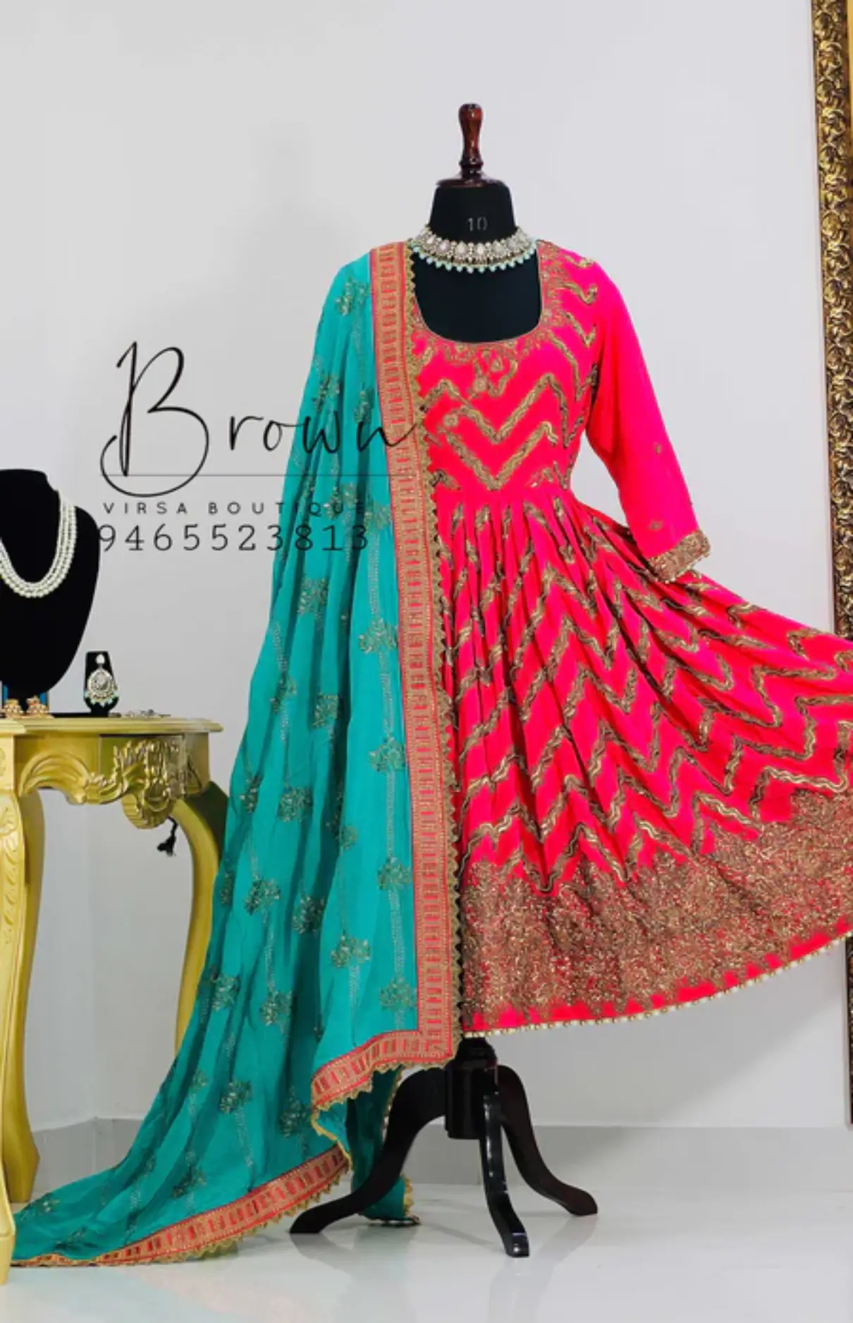 Hand Embroidery On Hot Pink Crepe Anarkali With Sea Green Dupatta