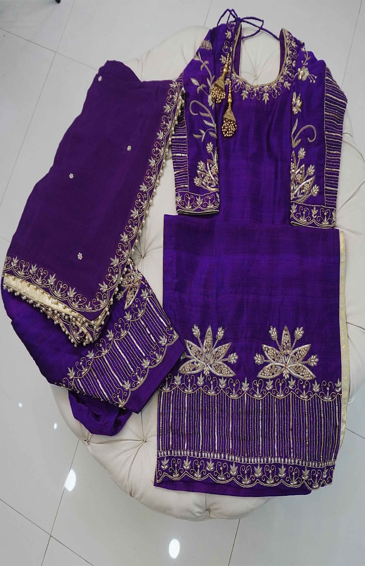 Dark Purple Raw Silk Pearl Work Salwar Suit with Dupatta