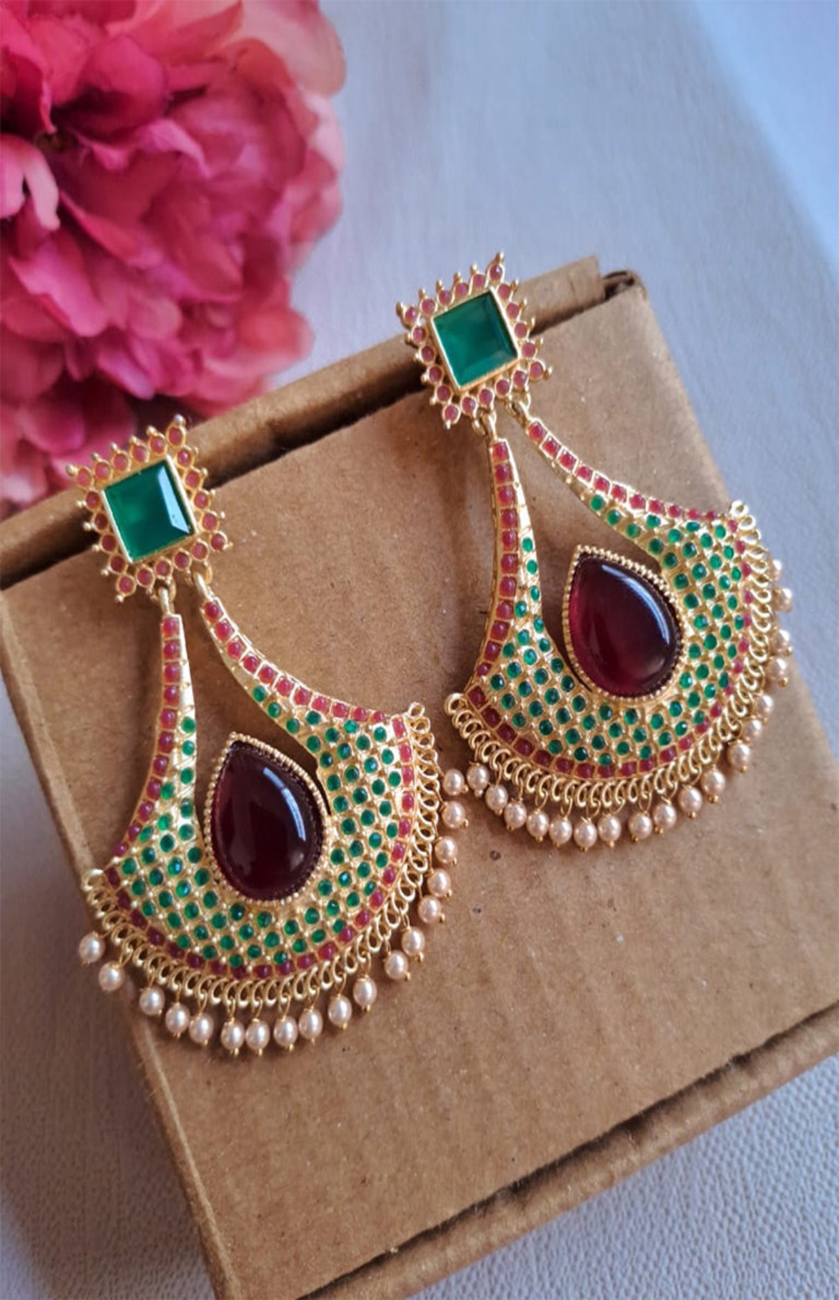 Gold Plated Green Ruby Kundan Beads Earrings