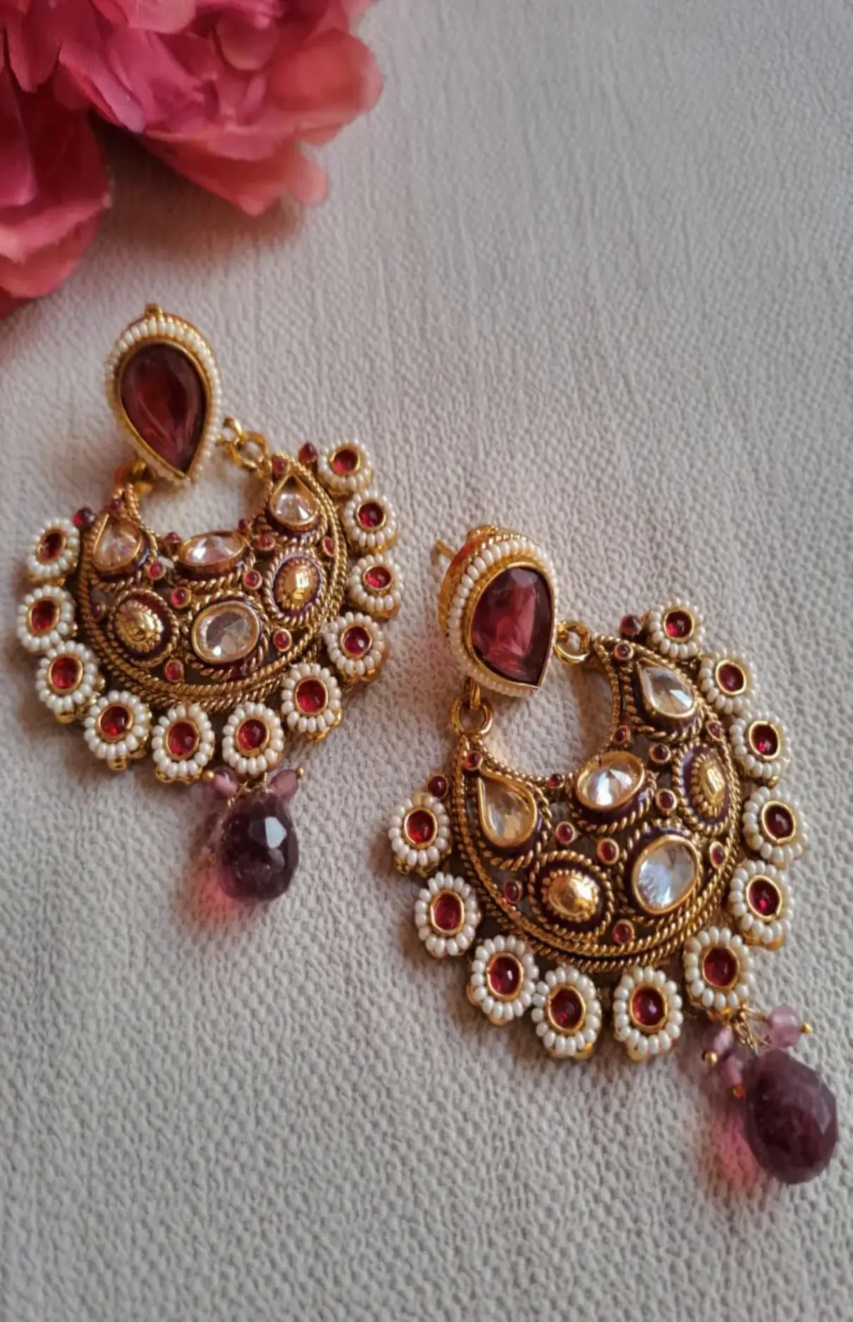 Gold Ethnic Red Kundan Earrings