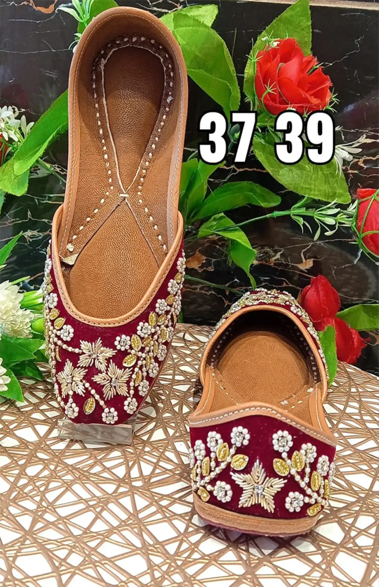 Dark Red & Copper Zardosi Hand Embroidered Punjabi Jutti