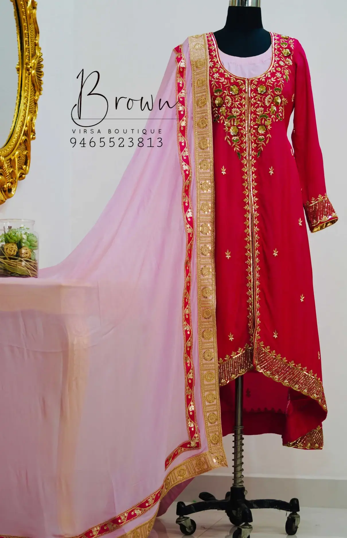 Hot Pink Anarkali With Zari Work And Baby Pink Dupatta