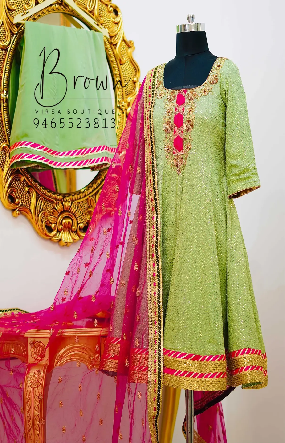 Olive Green Sequin Work Anarkali With Hot Pink Dupatta And Sharara