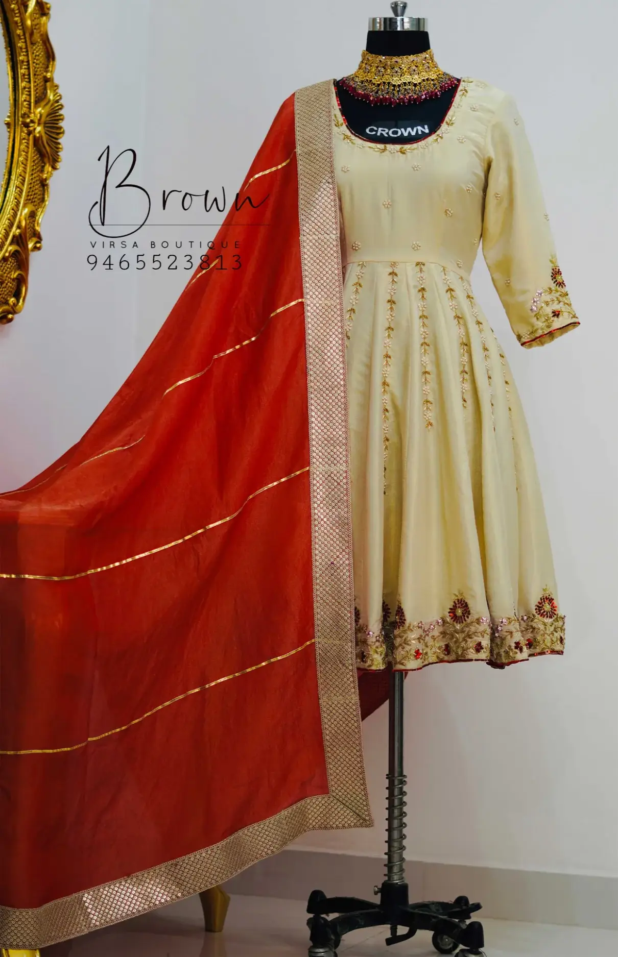 Golden Tissue Anarakali With Maroon Lace Dupatta