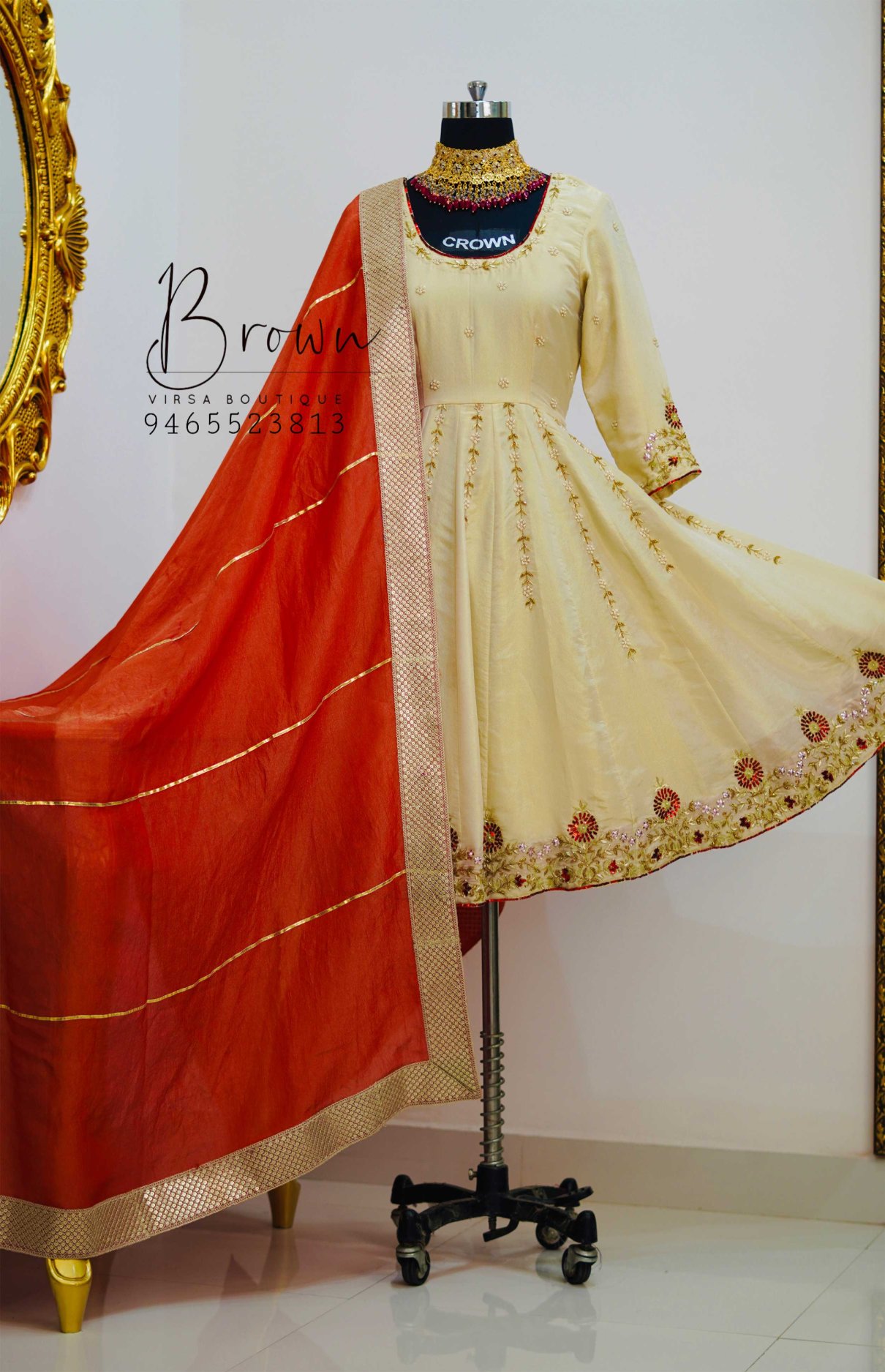 Tissue Anarakali With Red, Golden Work And Red Dupatta