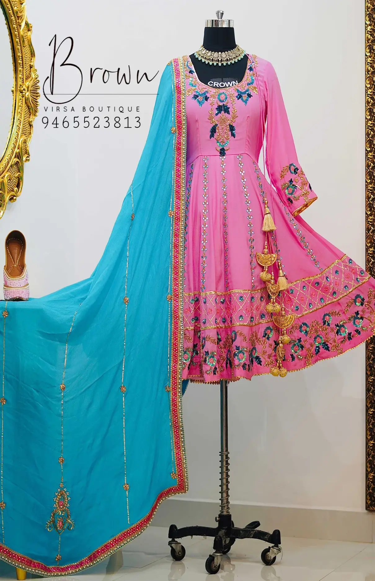 Pink & Sky Blue Sippy Kundan Work Anarkali With Dupatta