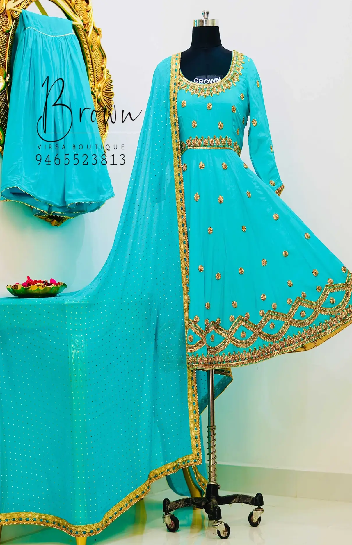 Sea Green Anarkali With Mukaish Dupatta With Lace