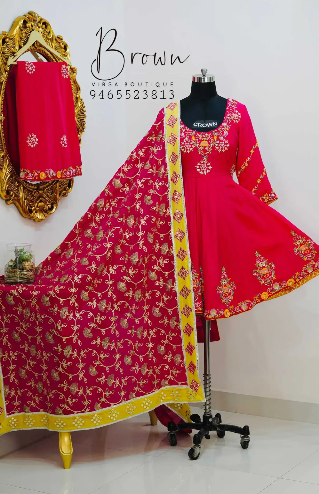 Hot Pink Anarkali With Hand Embroidered Dupatta