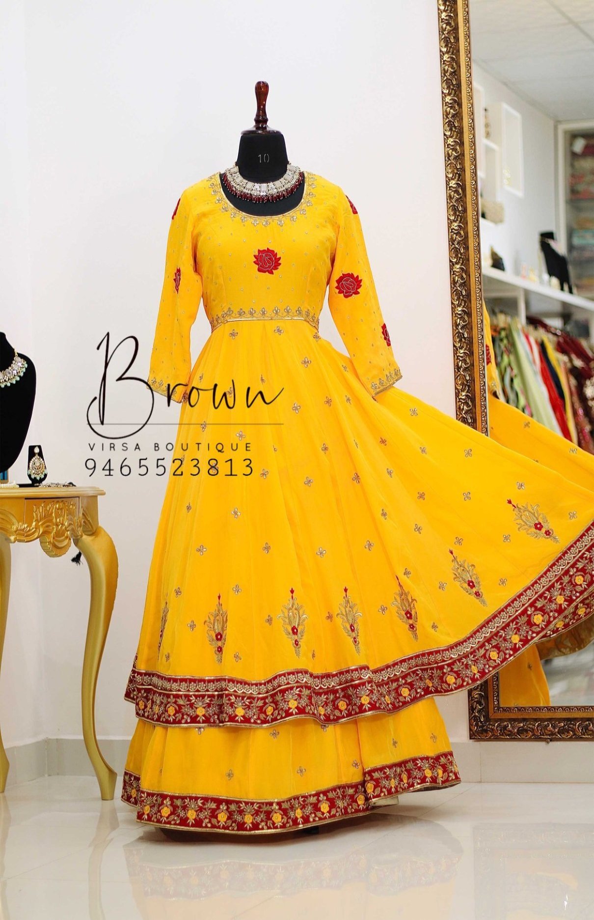 Yellow Anarkali And Lehenga With Patch Work