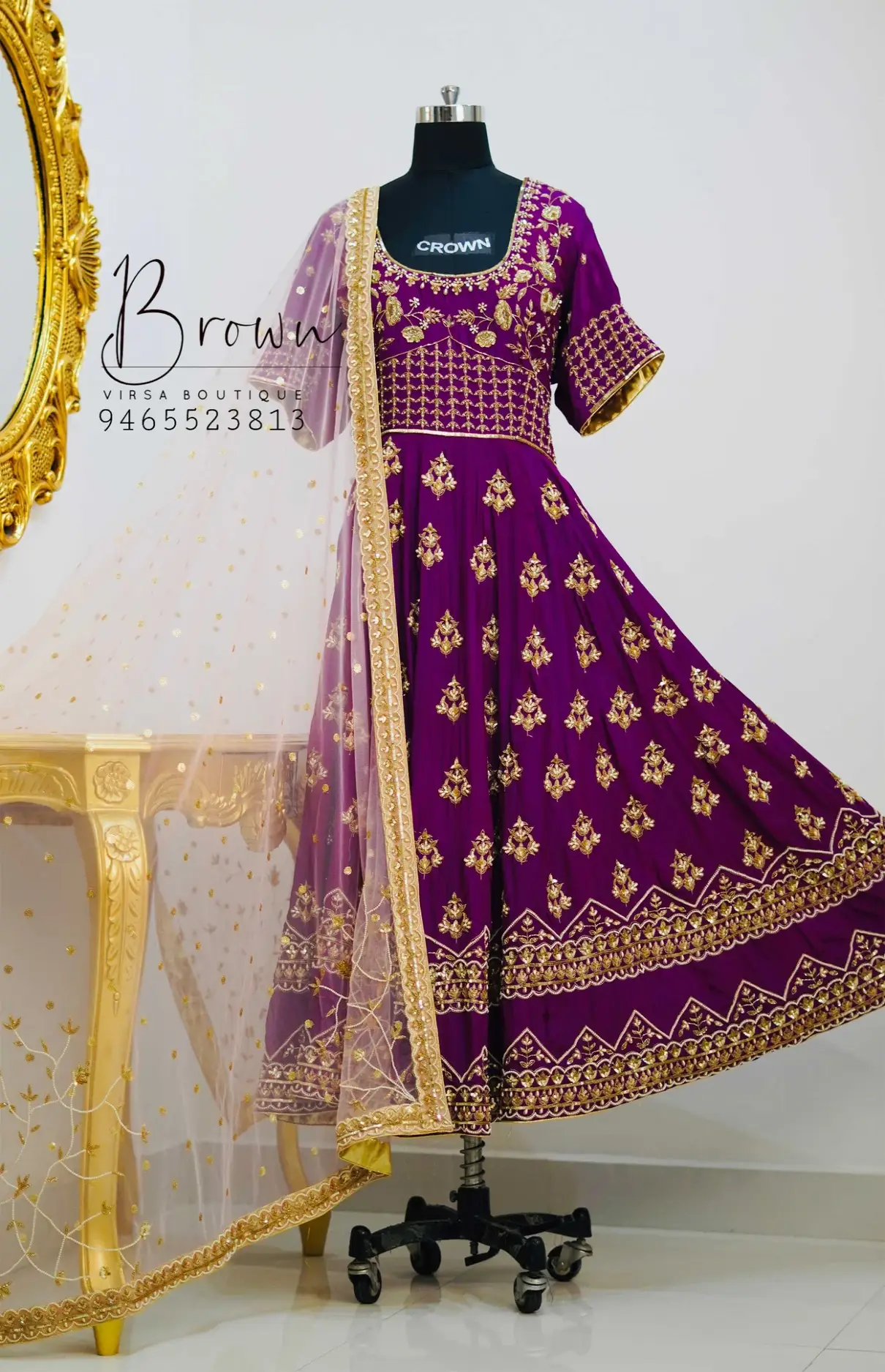 Golden Work Wine Anarkali With Golden Dupatta