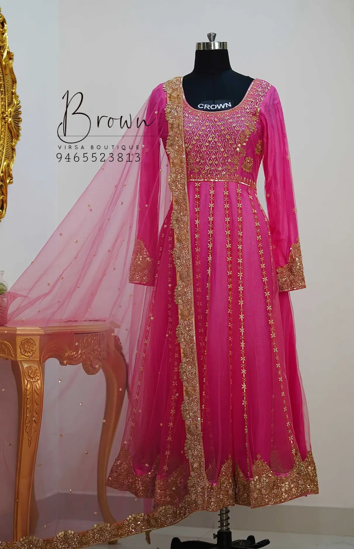 Neon Pink Net Anarkali With Pearls And Sequins Handwork