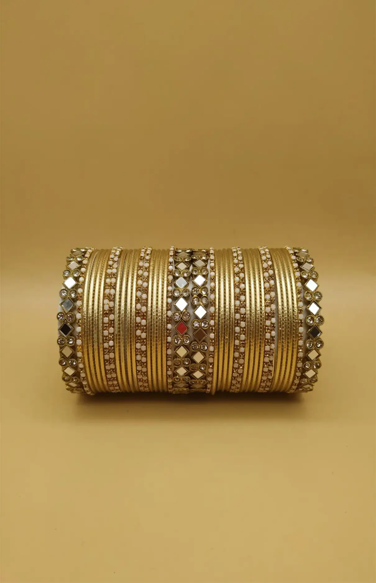 Mirror Work Golden Antique Metal Bangles Set