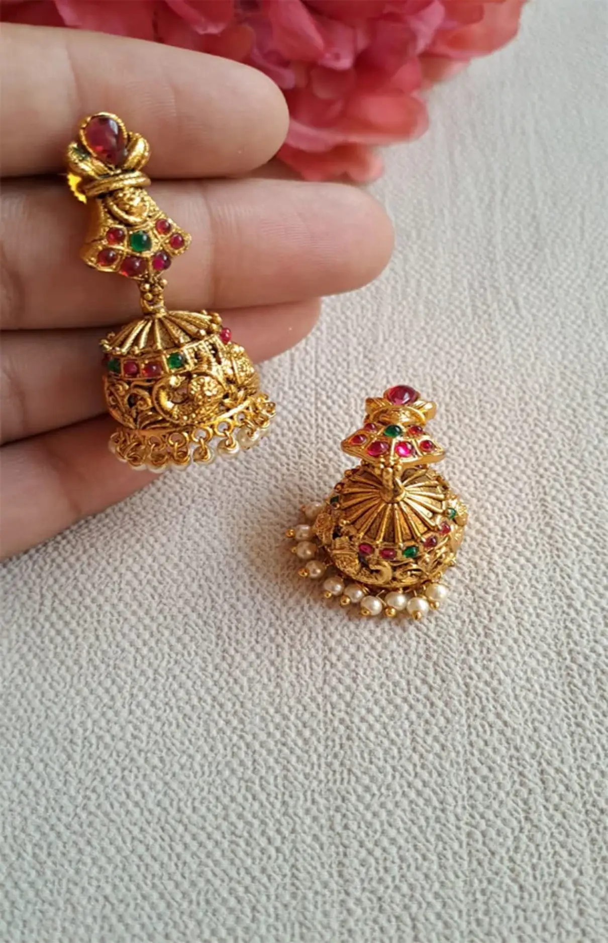 Red And Green Gold-Plated Handcrafted Jhumkas