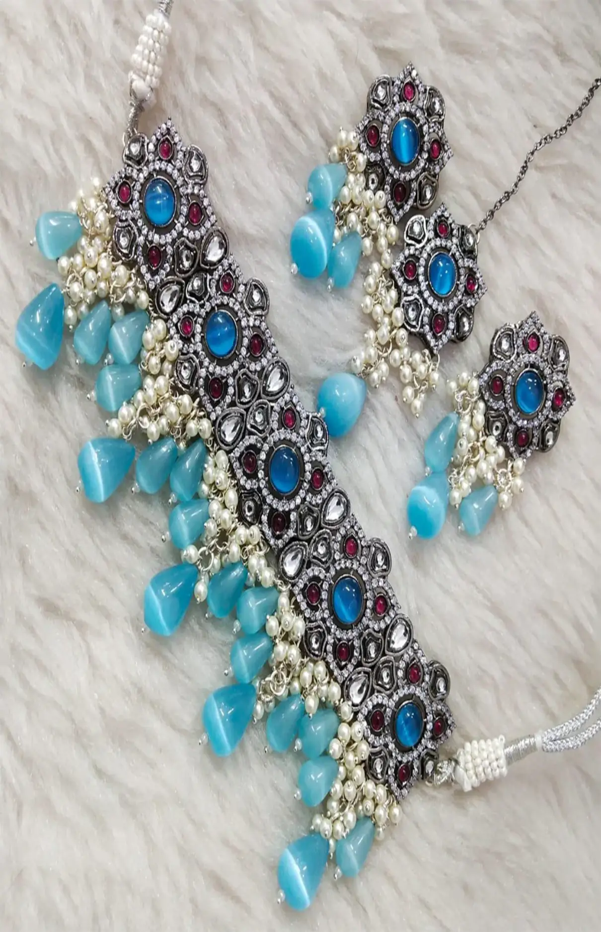 White Pearls And Blue Stones Choker Set With Earrings And Tikka