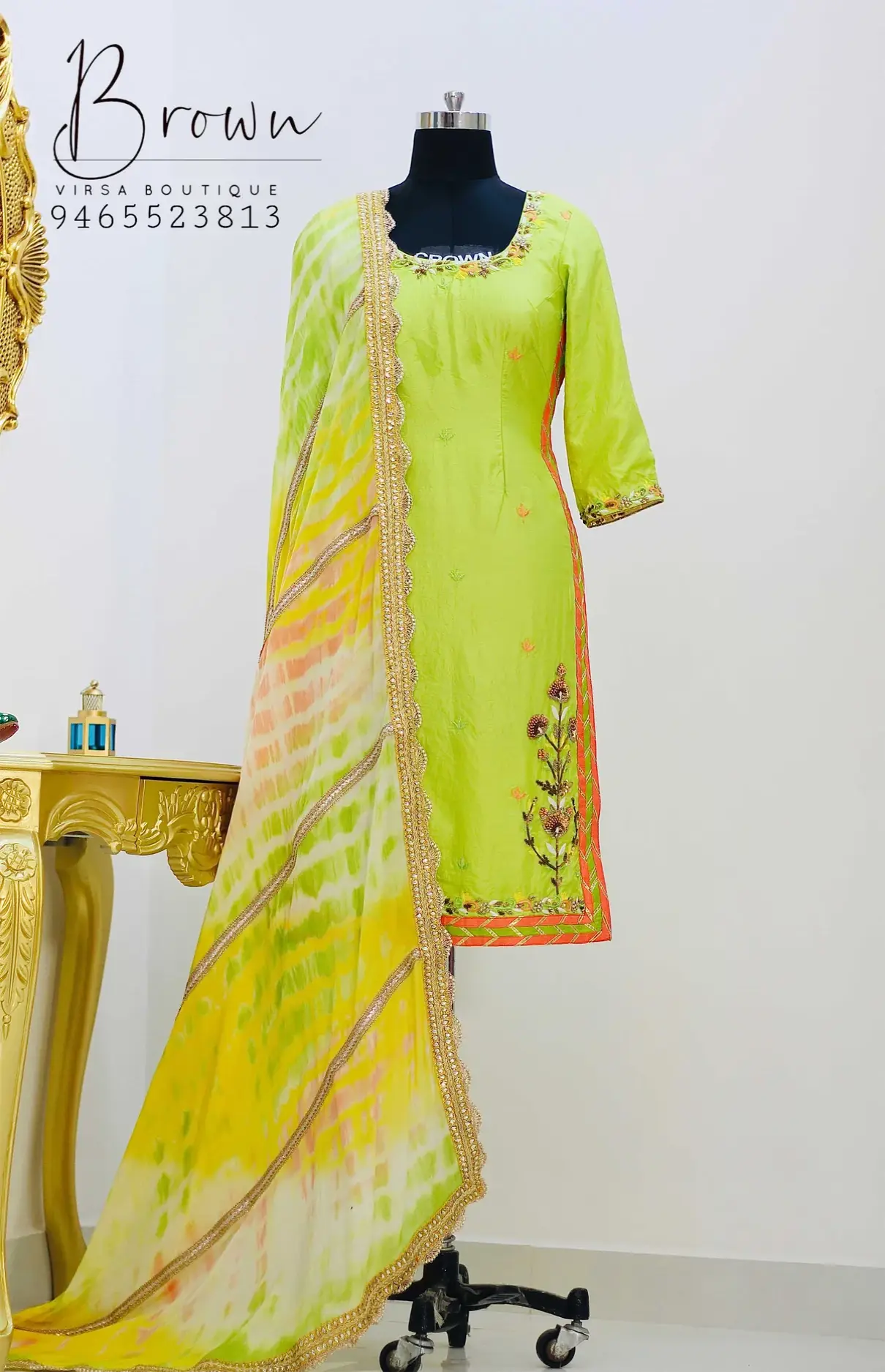 Neon Green Silk Suit With Tie-Dye Dupatta