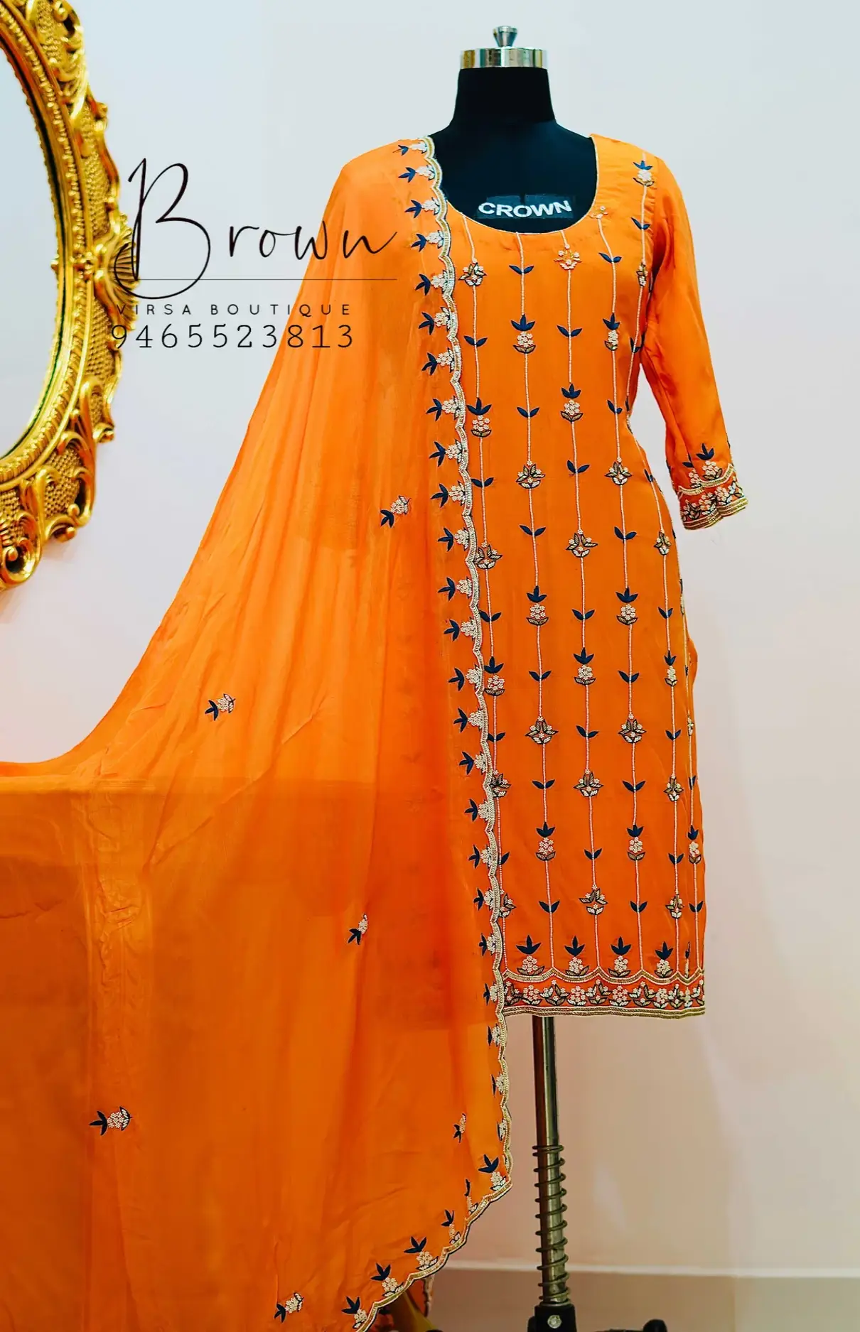 Crepe Orange Suit With Pearls And Peacock Embroidery