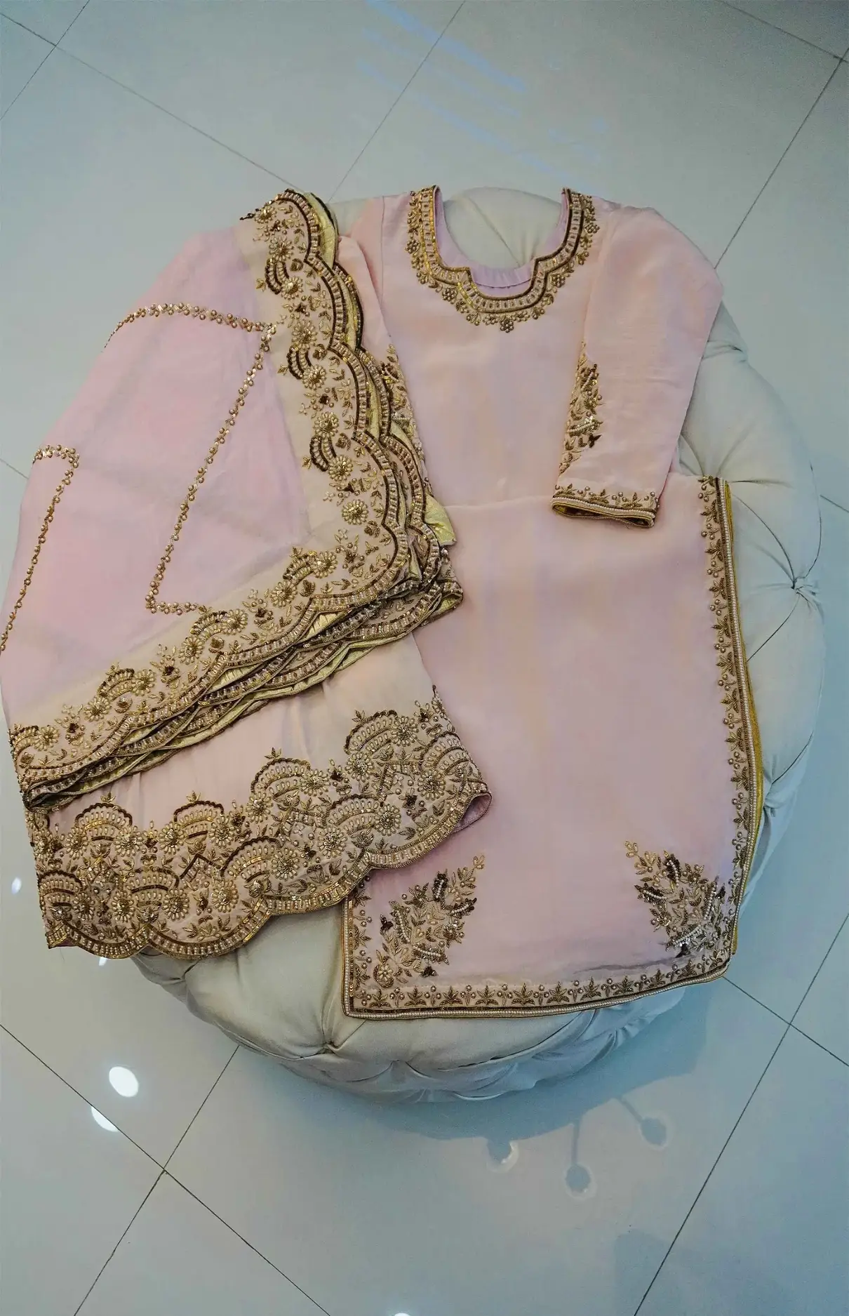 Crepe Peach Sharara Hand Embroidery Suit With Cutwork Dupatta