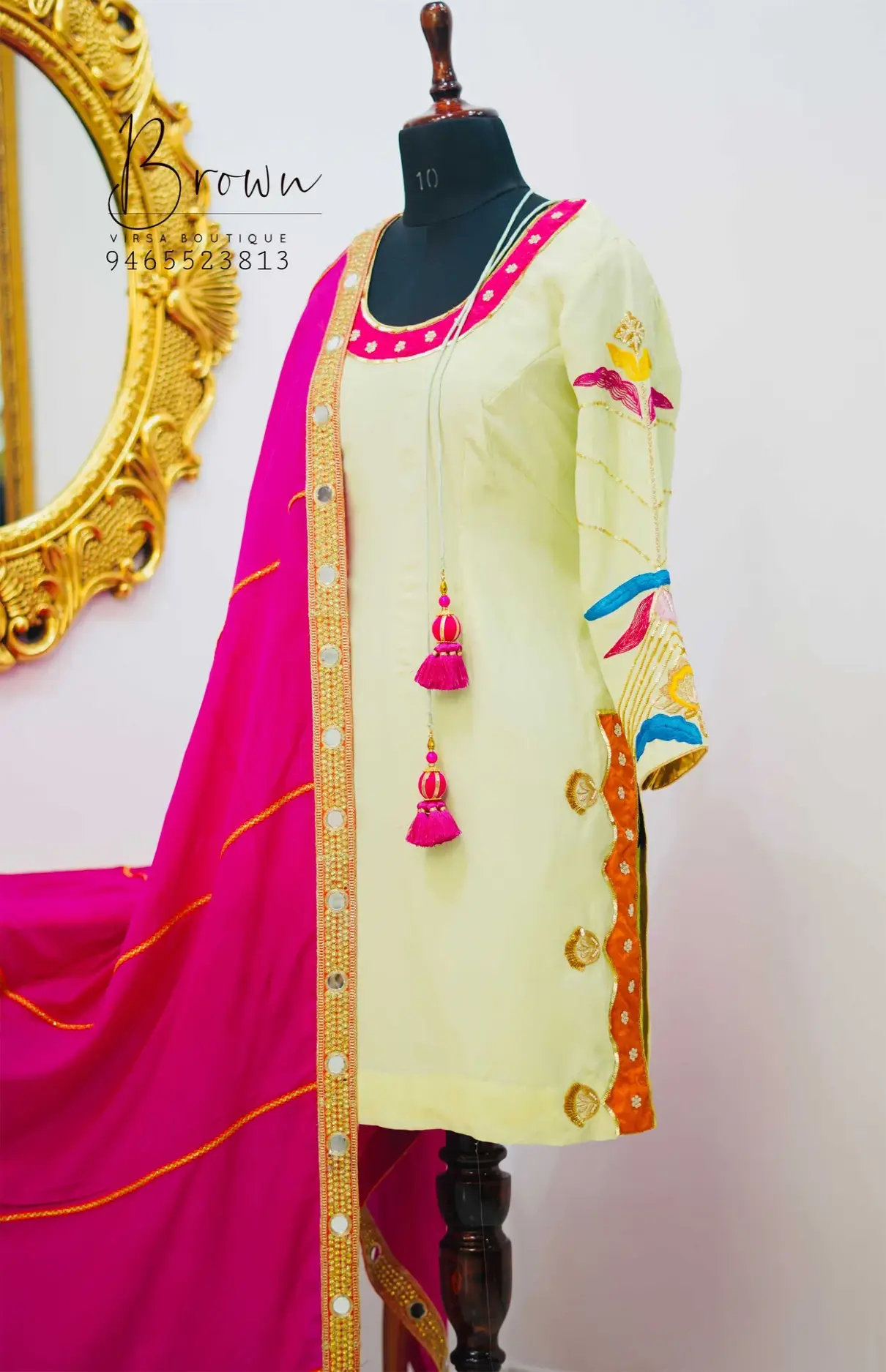 Multi Colored Handwork Crepe Lemon Punjabi Suit With Hot Pink Dupatta