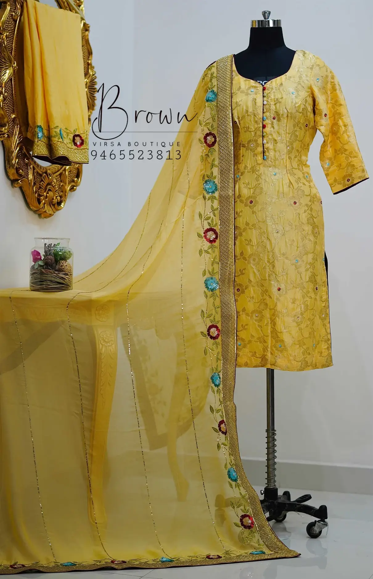 Lemon Banarasi Shirt With Crepe Palazzo And Embroidered Dupatta