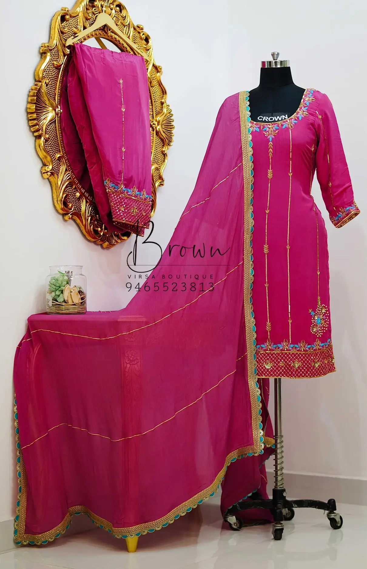 Hand Embroidered Magenta Crepe Salwar Suit With Lace Dupatta