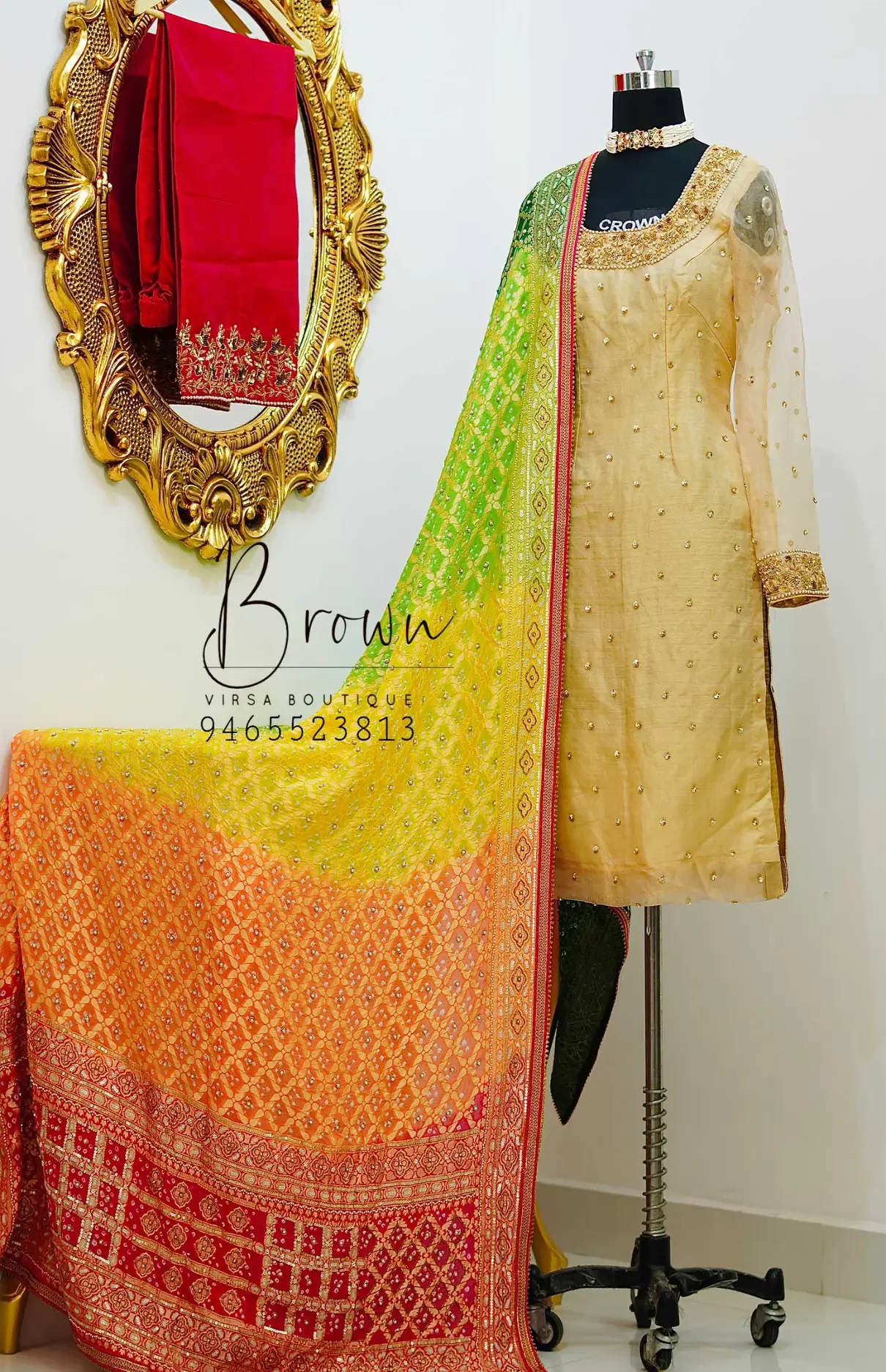 Silk Bottom And Tissue Shirt Trouser Suit And Banarasi Dupatta