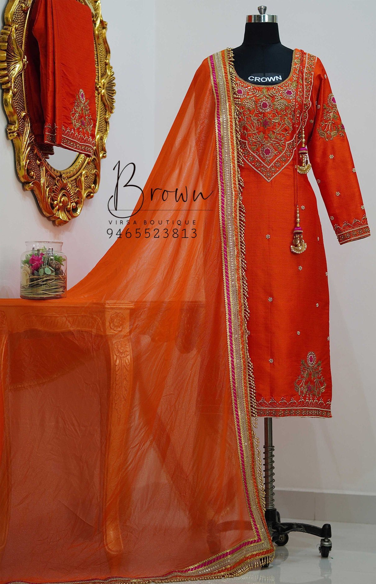 Silk Orange Kundan Work Palazzo Suit With Organza Dupatta