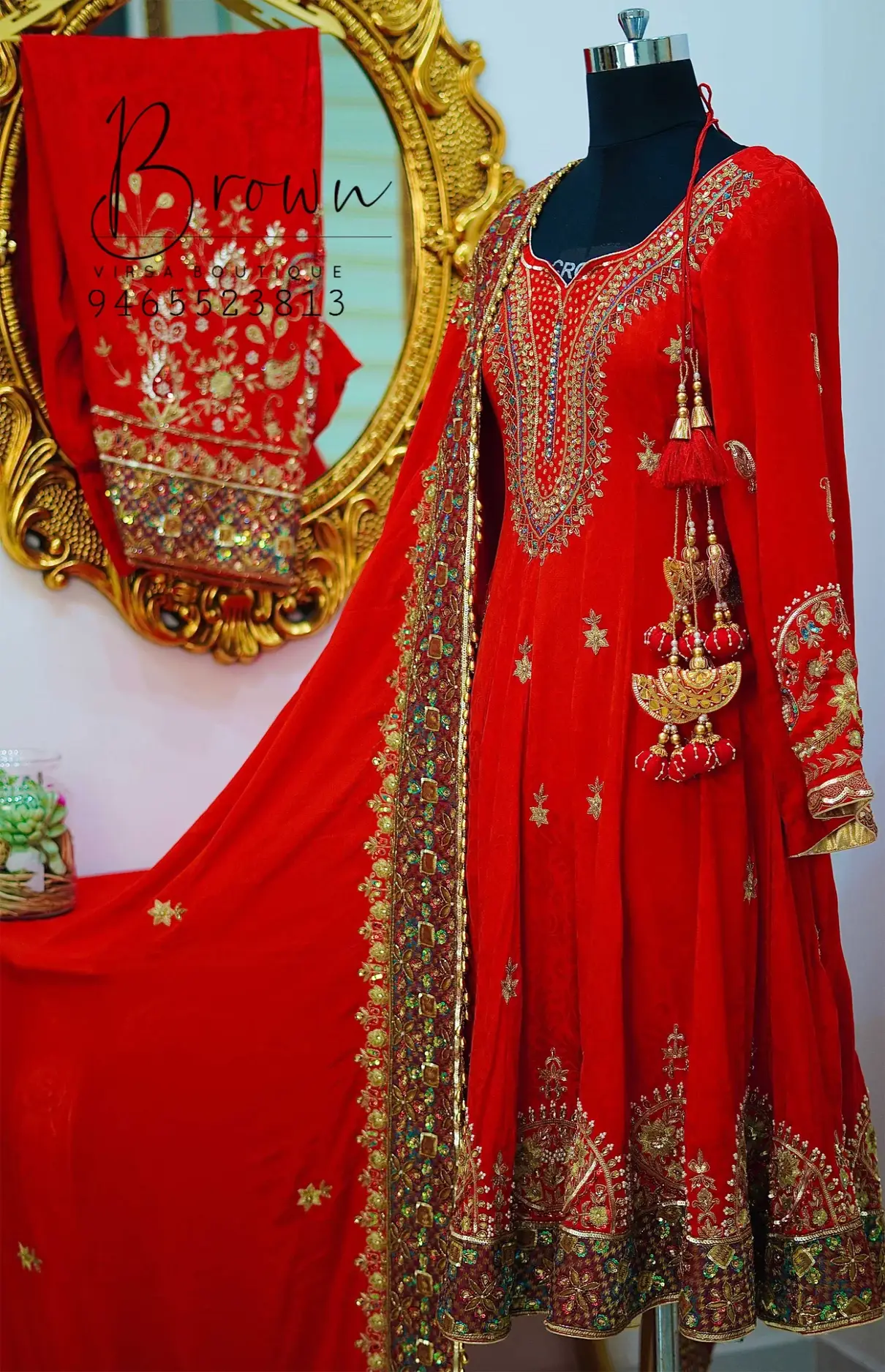 Self Print Crepe Red Bridal Anarkali Heavy Embroidery With Dupatta And Salwar