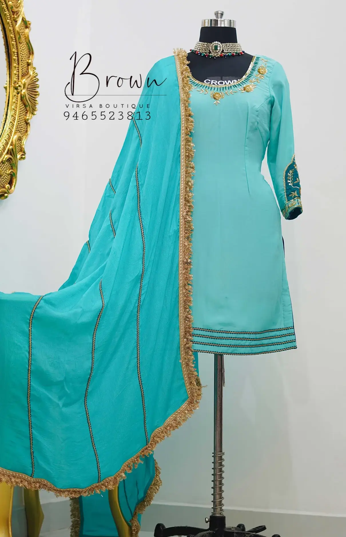 Sea-Green Patch Work Salwar Suit With Goatta Lace Dupatta