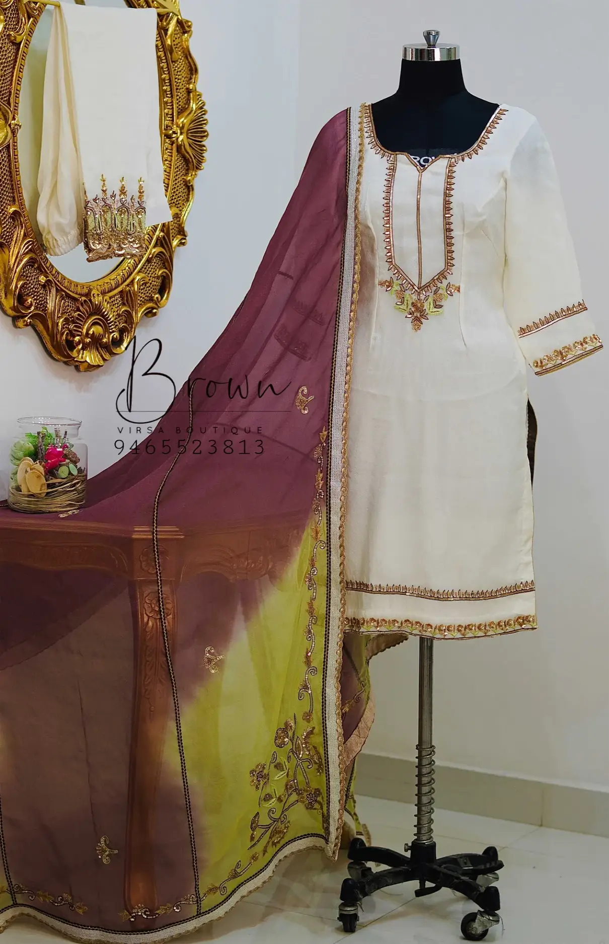 White Handwork Palazzo Suit With Tie-Dye Dupatta