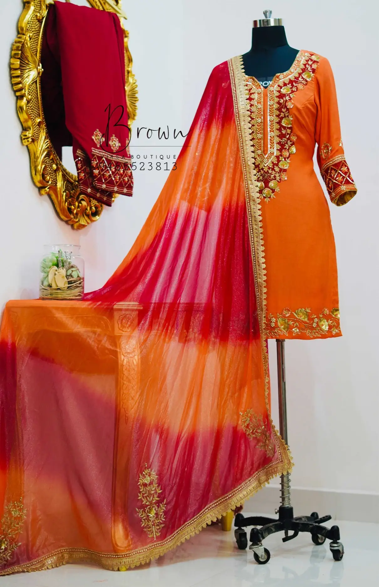 Crepe Orange Maroon Embroidered Salwar Suit With Dupatta