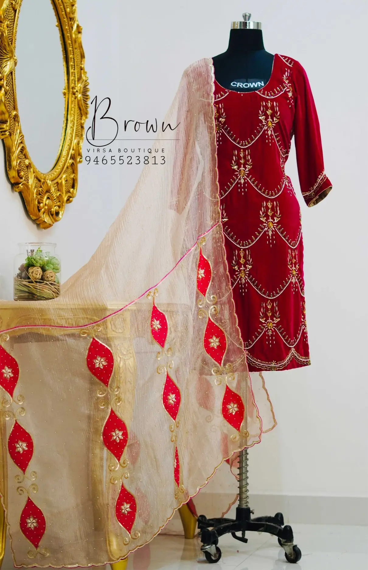 Velvet Shirt, Embroidered Tissue Dupatta, And Brocade Bottom