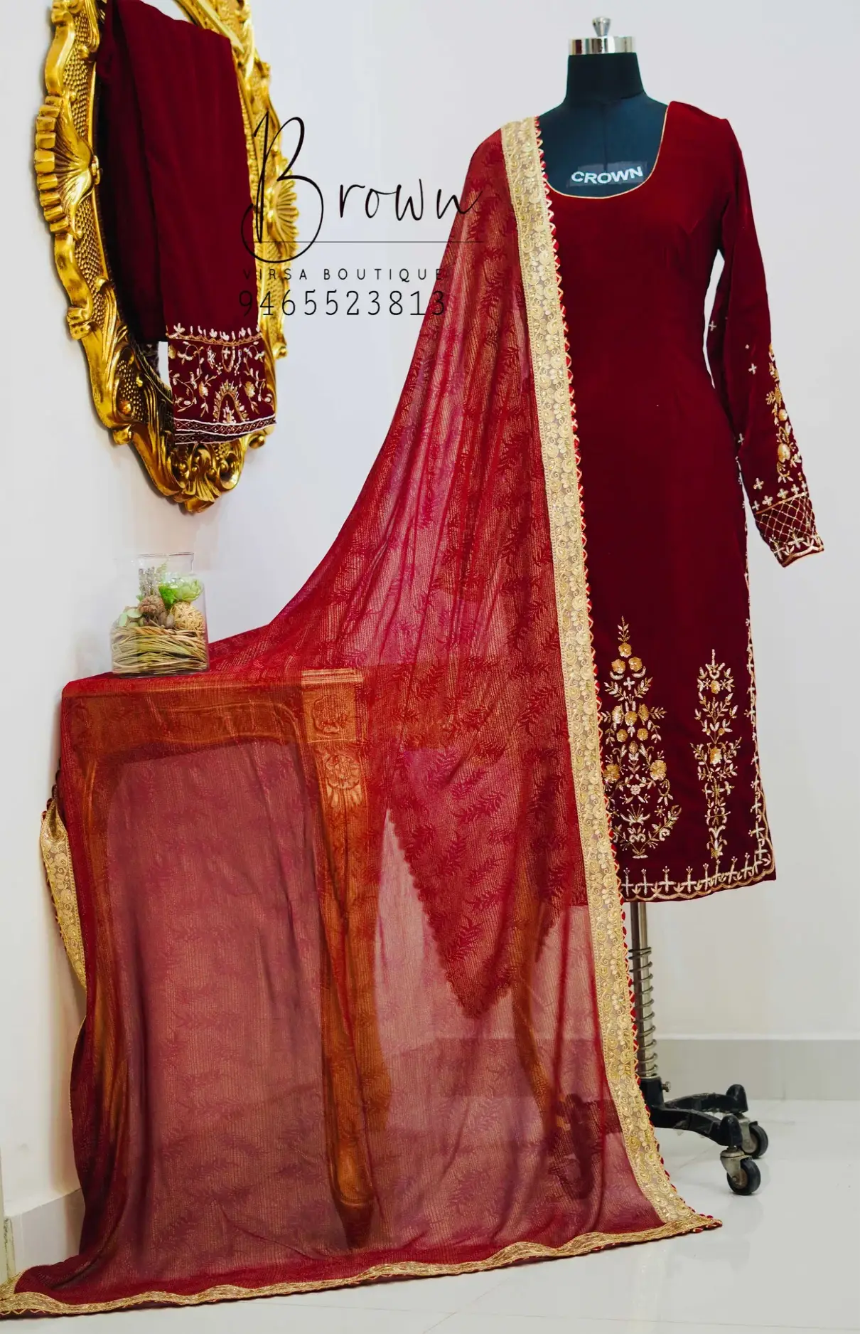 Maroon Velvet Plazo Suit With Golden Work And Tissue Dupatta