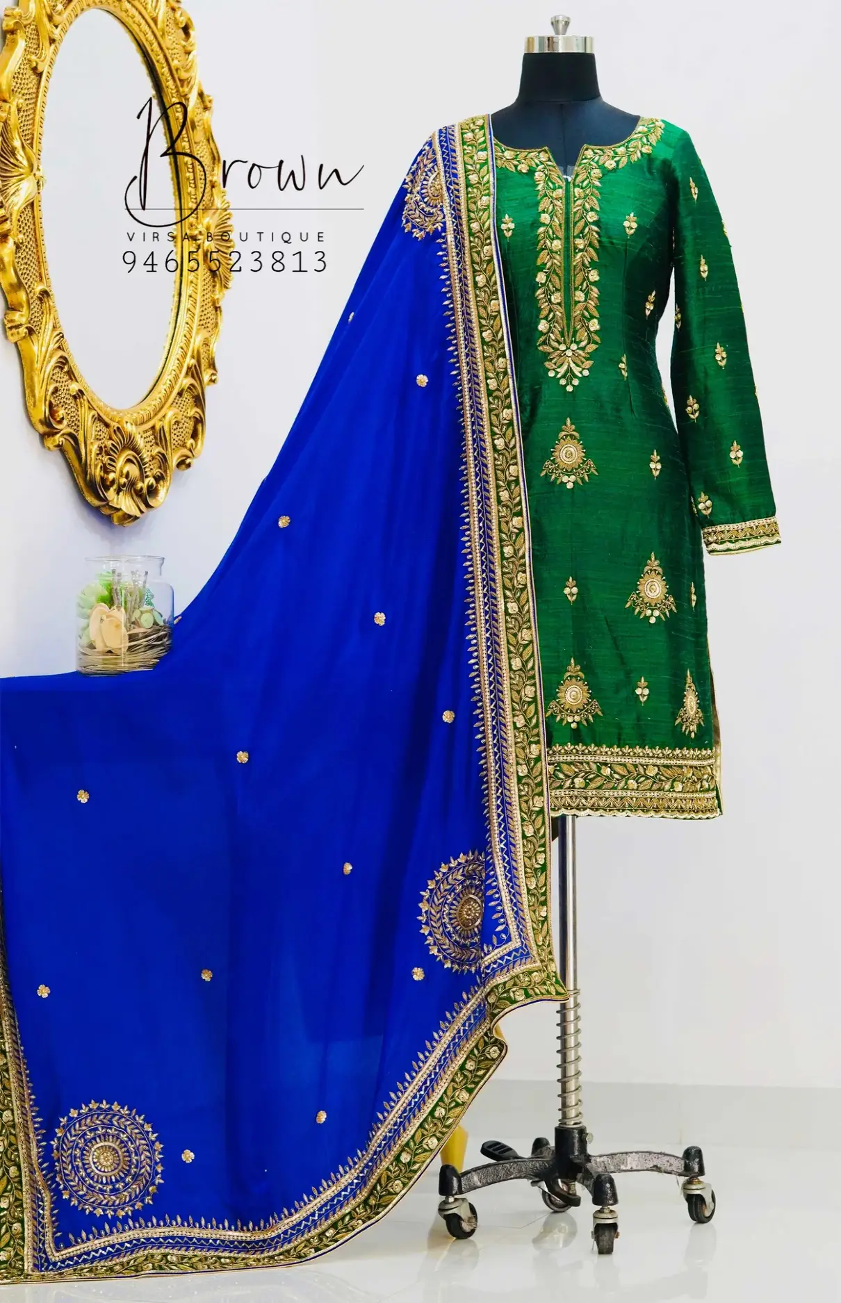 Raw Silk Green-Blue Shirt With Pants And Chinon Dupatta