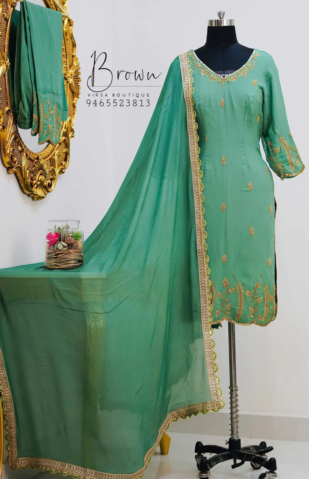 Light Green Crepe Cutwork Embroidered Suit With Chinnon Dupatta