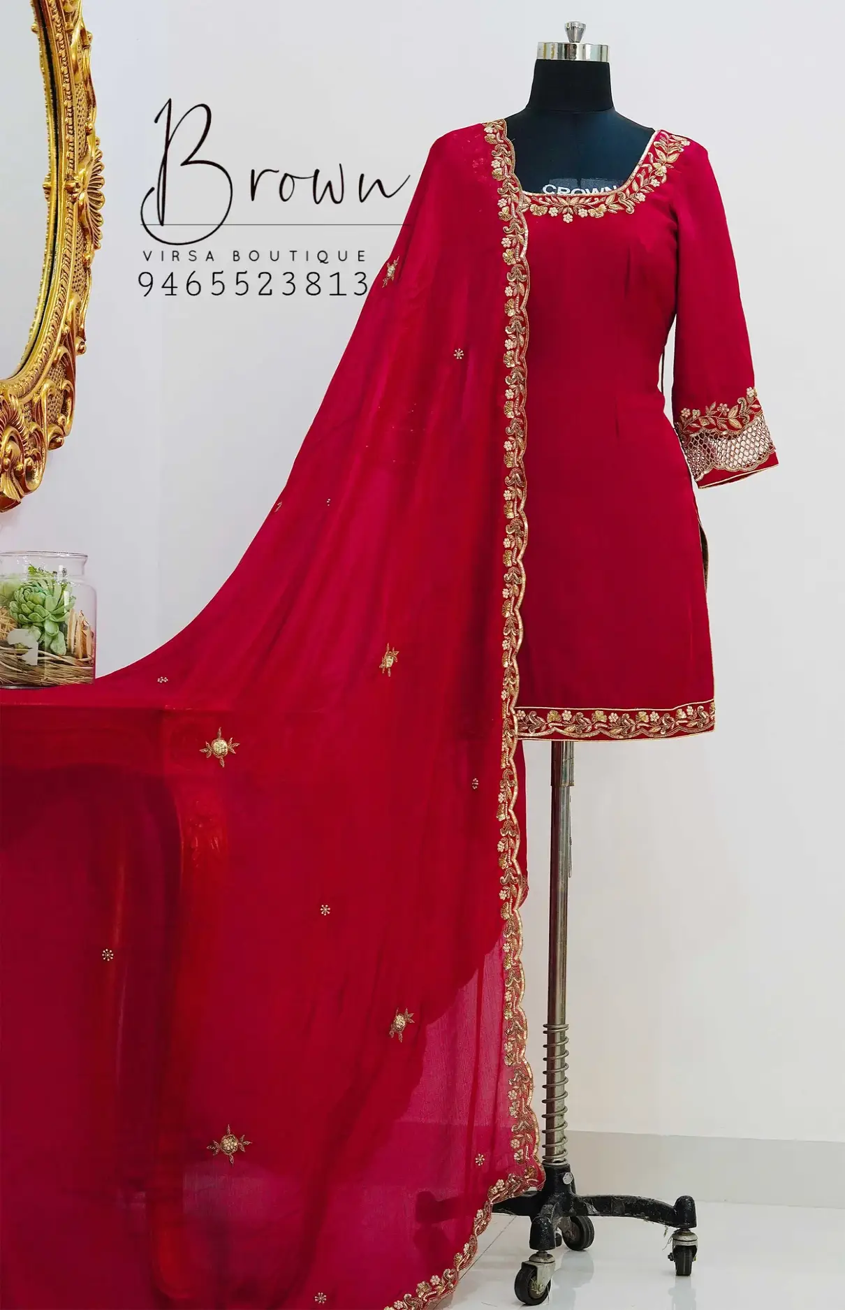 Strawberry Suit With Cutwork Arms And Embroidered Dupatta