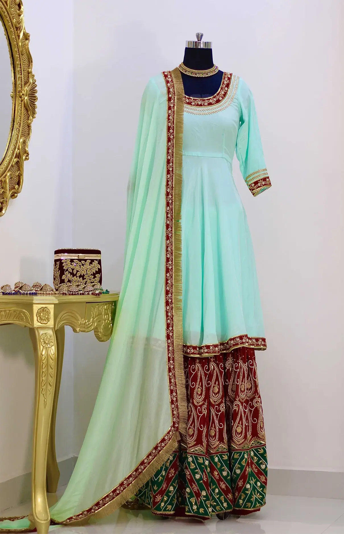 Sea Green & Maroon Anarkali With Sharara And Dupatta