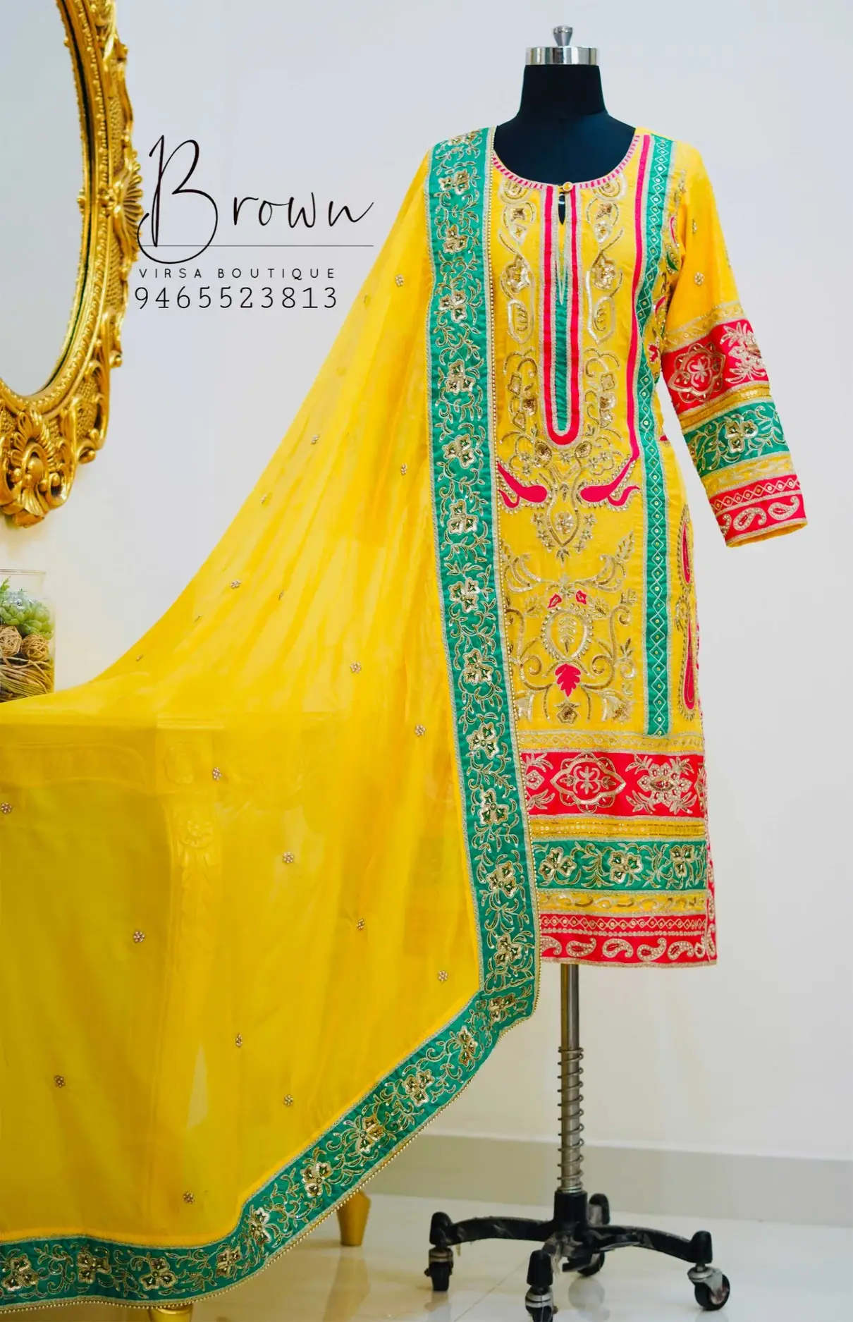 Patch Work Yellow Suit With Dupatta, And Trousers