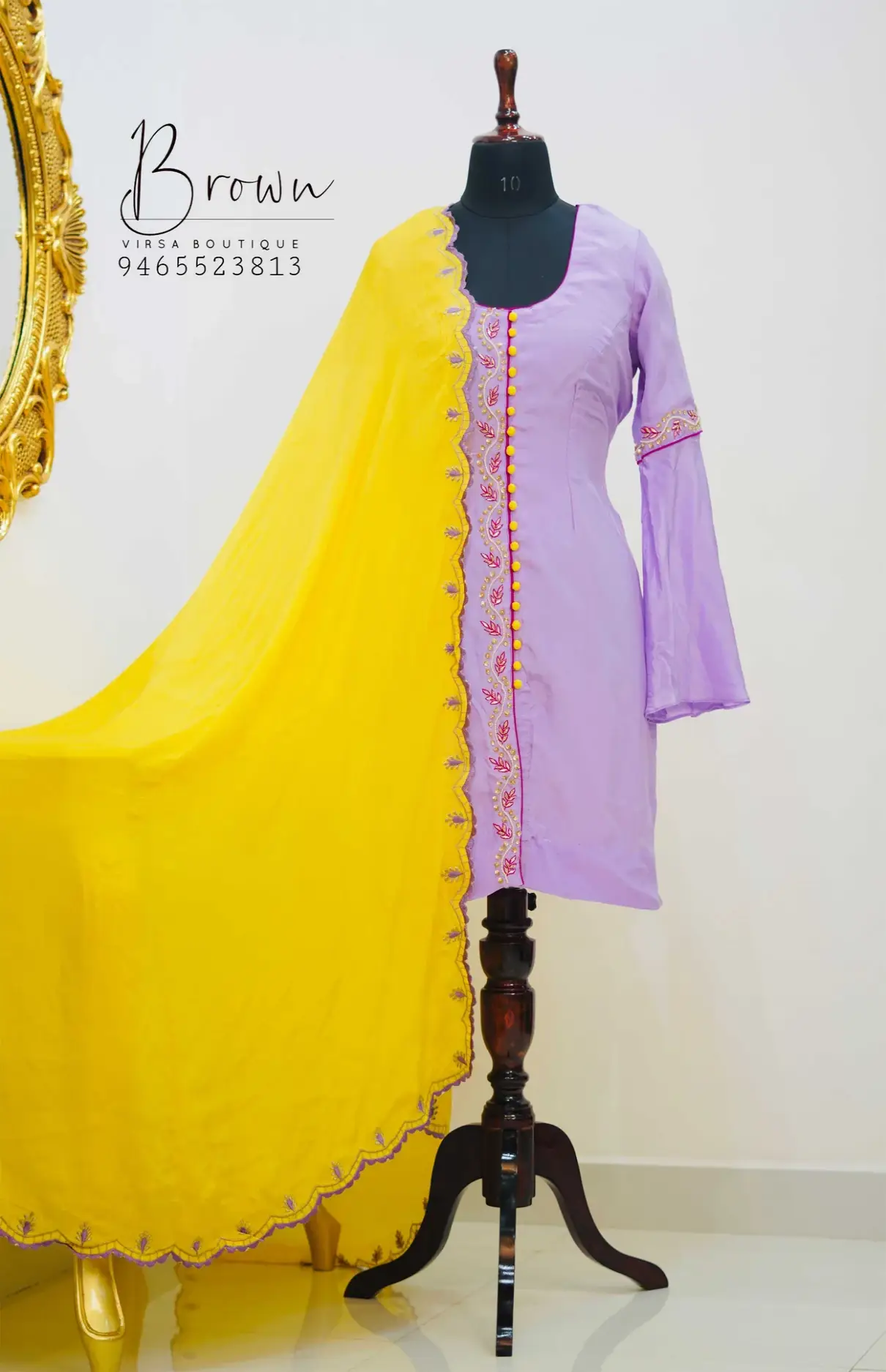 Lavender-Yellow Suit With Machine Work Dupatta