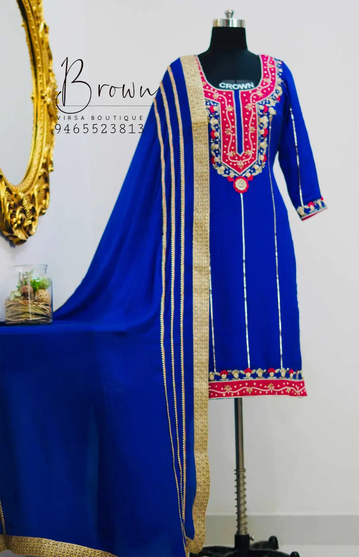 Royal Blue Suit With Hot Pink Patches And Duppta With Laces