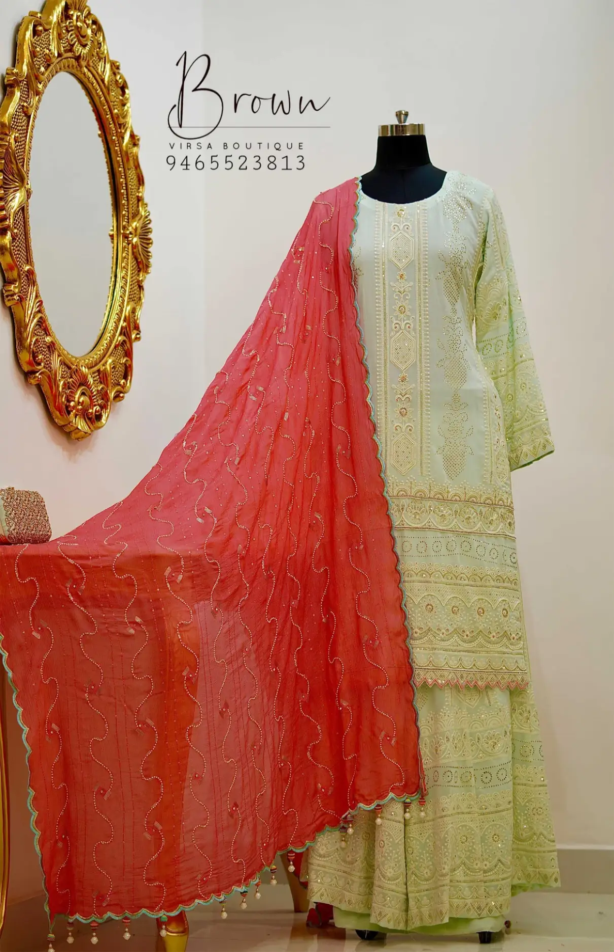 Pistachio Green Sharara Suit With Red Dupatta