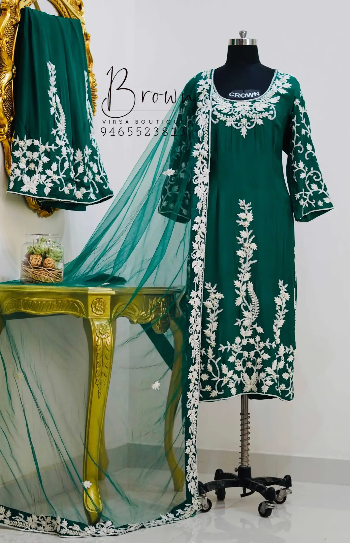 Deep Green Suit With Cream Thread Work And Pearls