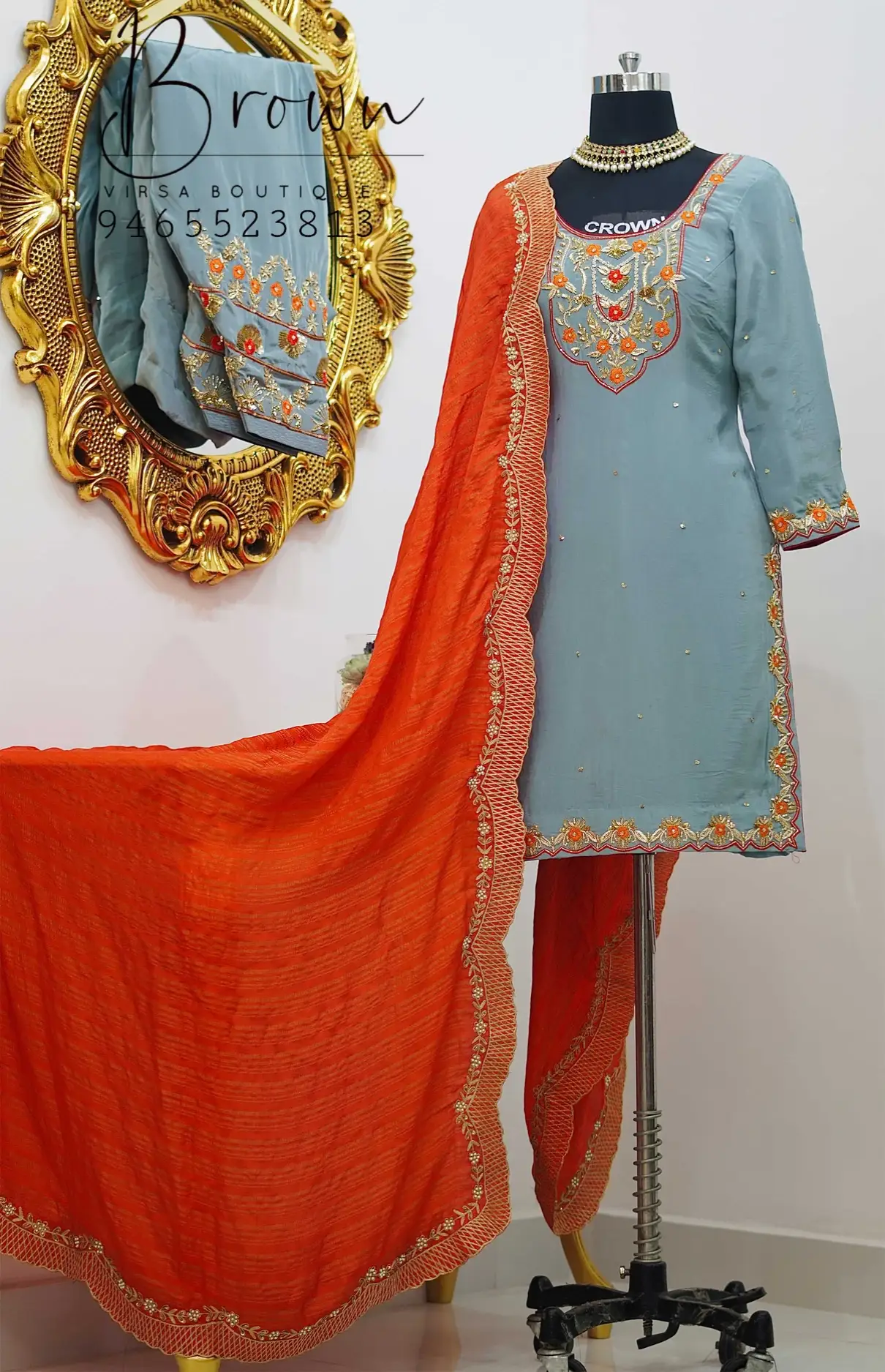 Hand Embroidered Grey Salwar Suit With Red Dupatta