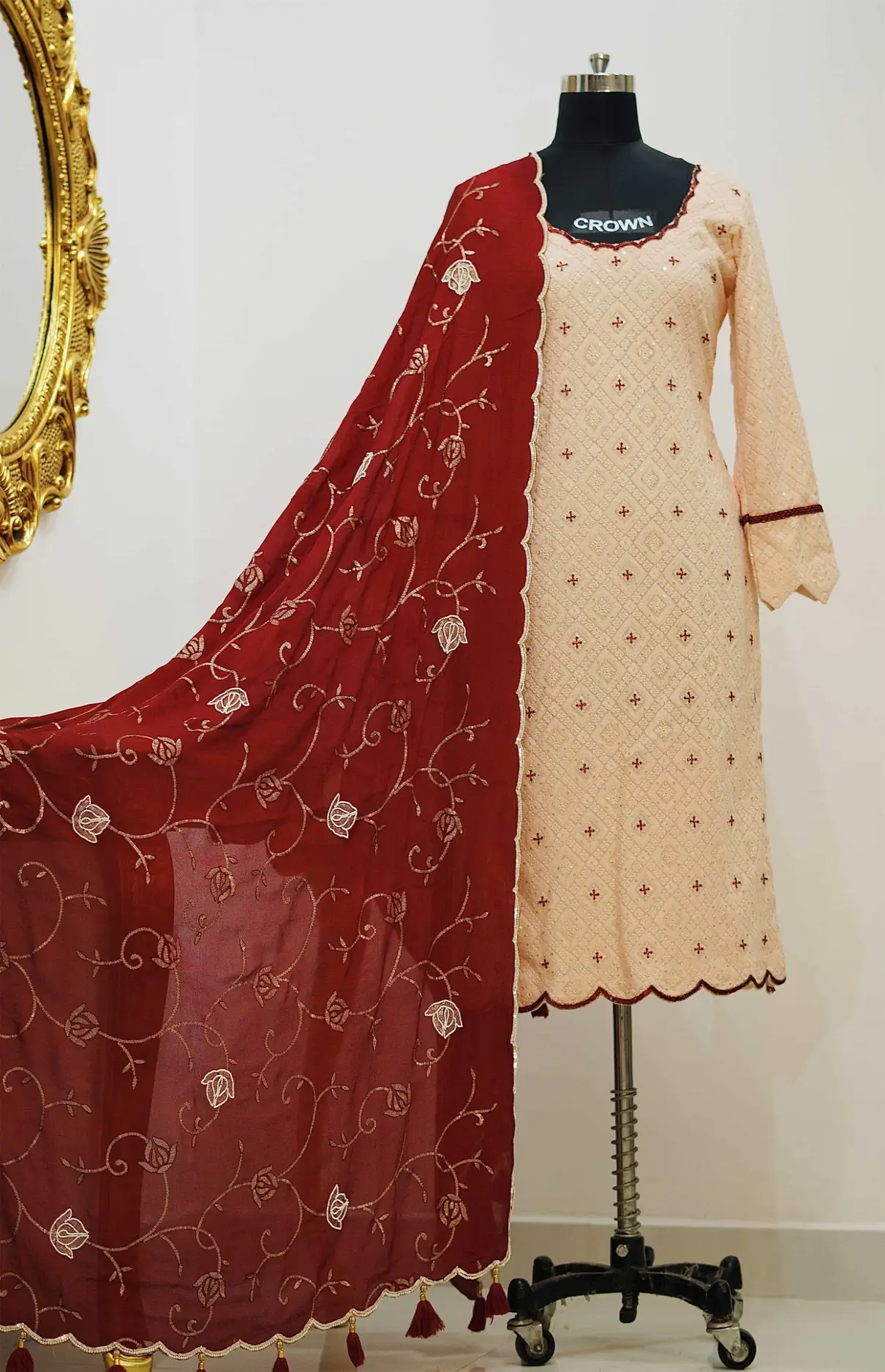 Thread And Pearl Work Peach & Marron Suit And Heavy Dupatta