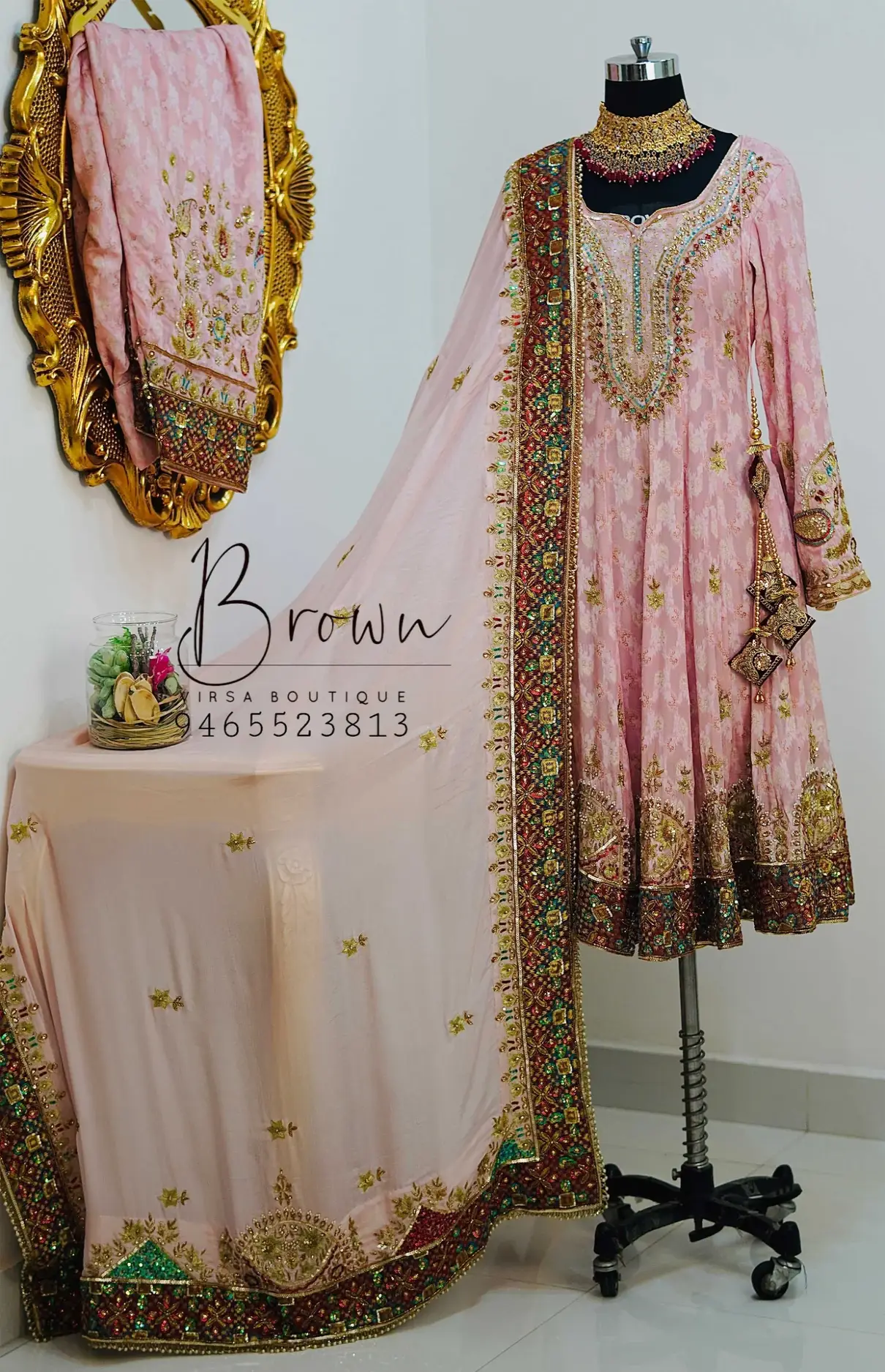 Peach Self Print Crepe Anarkali With Patch And Pearl Embroidery And Chinon Dupatta