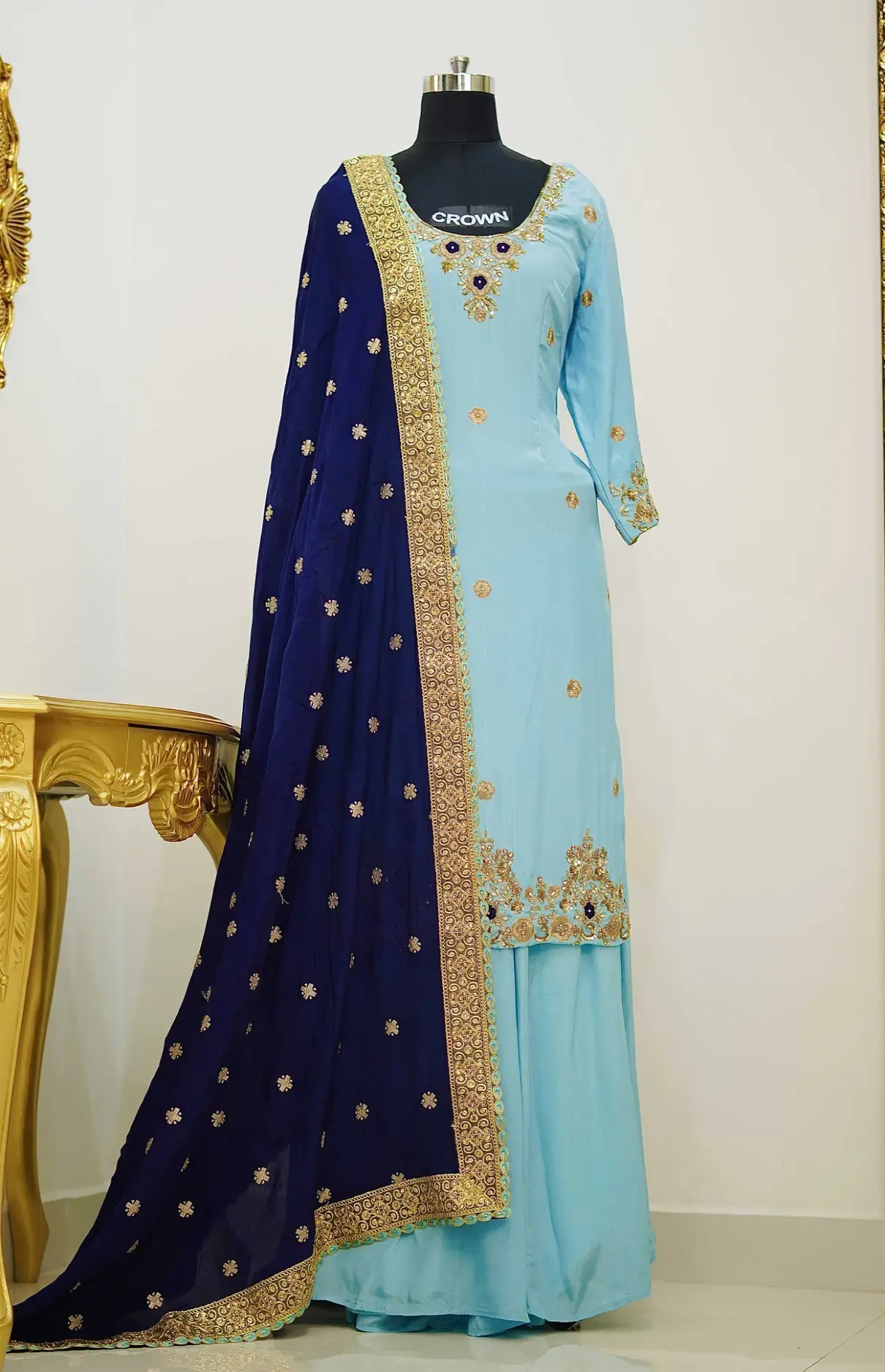 Sky-Blue Sharara Suit With Royal Blue Lace Dupatta