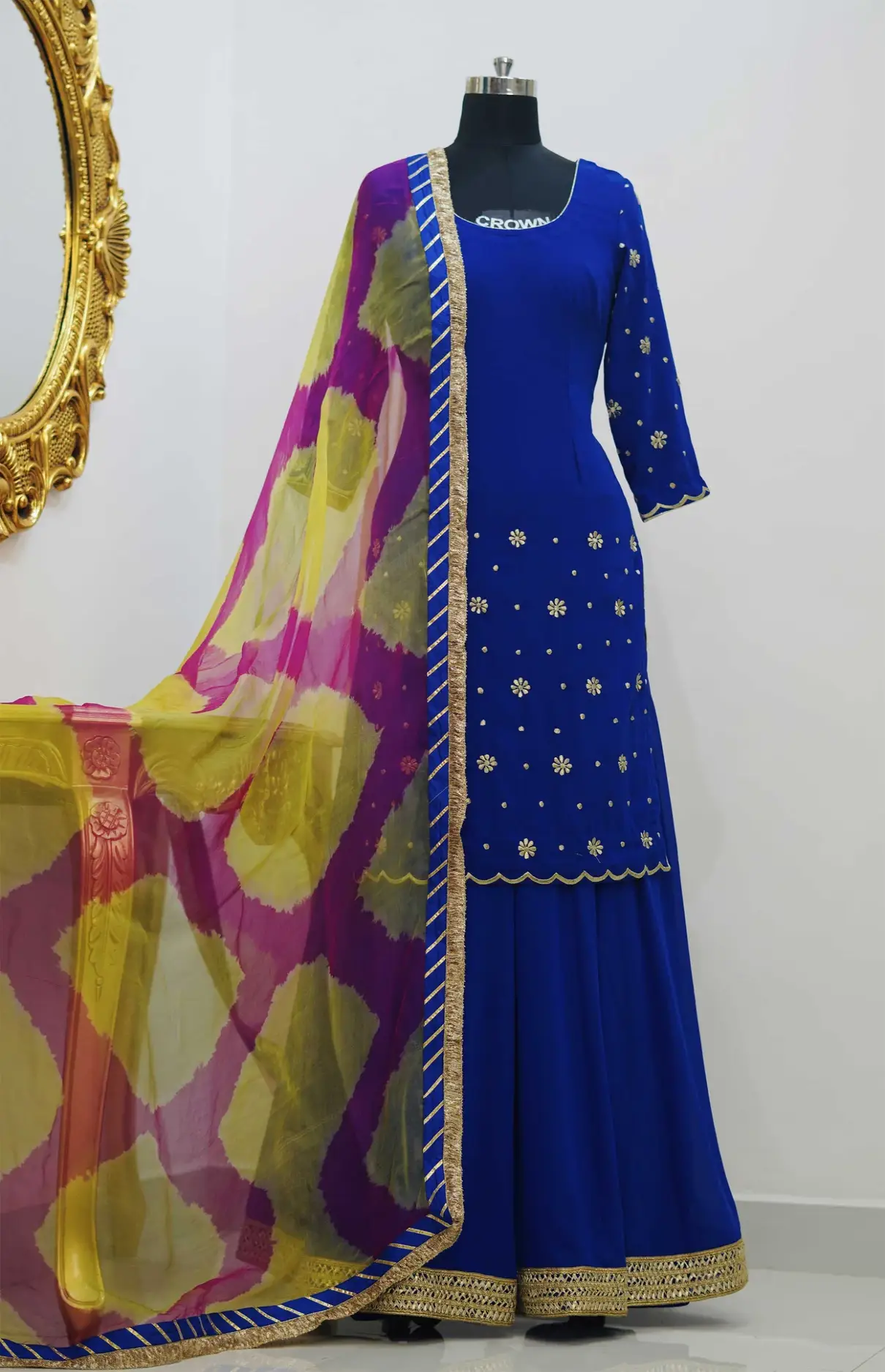 Royal Blue Lehenga With Long Shirt And Multicolor Dupatta