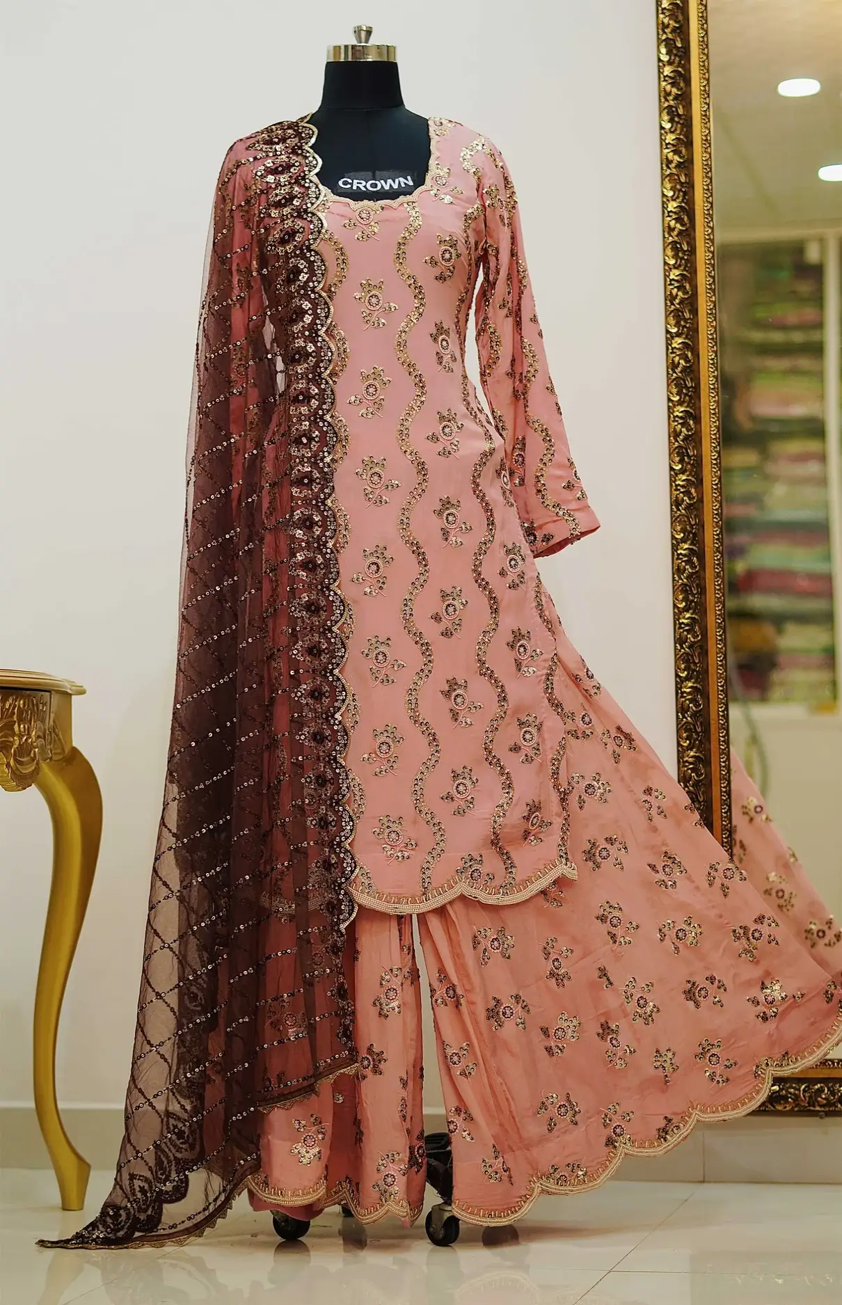 Peach Handwork Sharara Dress And Maroon Dupatta