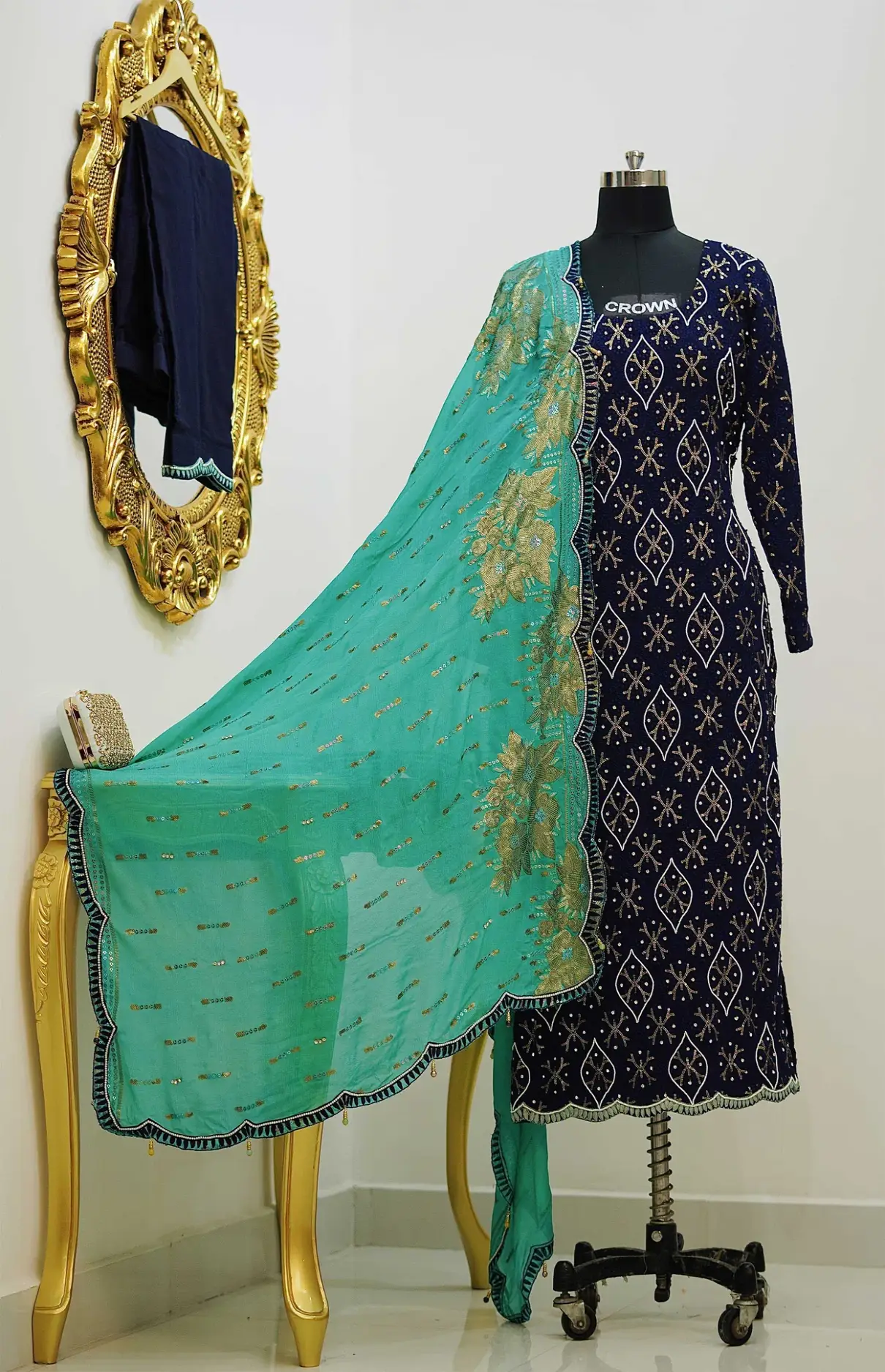 Dark Blue Suit With Sea Green Chinon Dupatta With Sequin Work