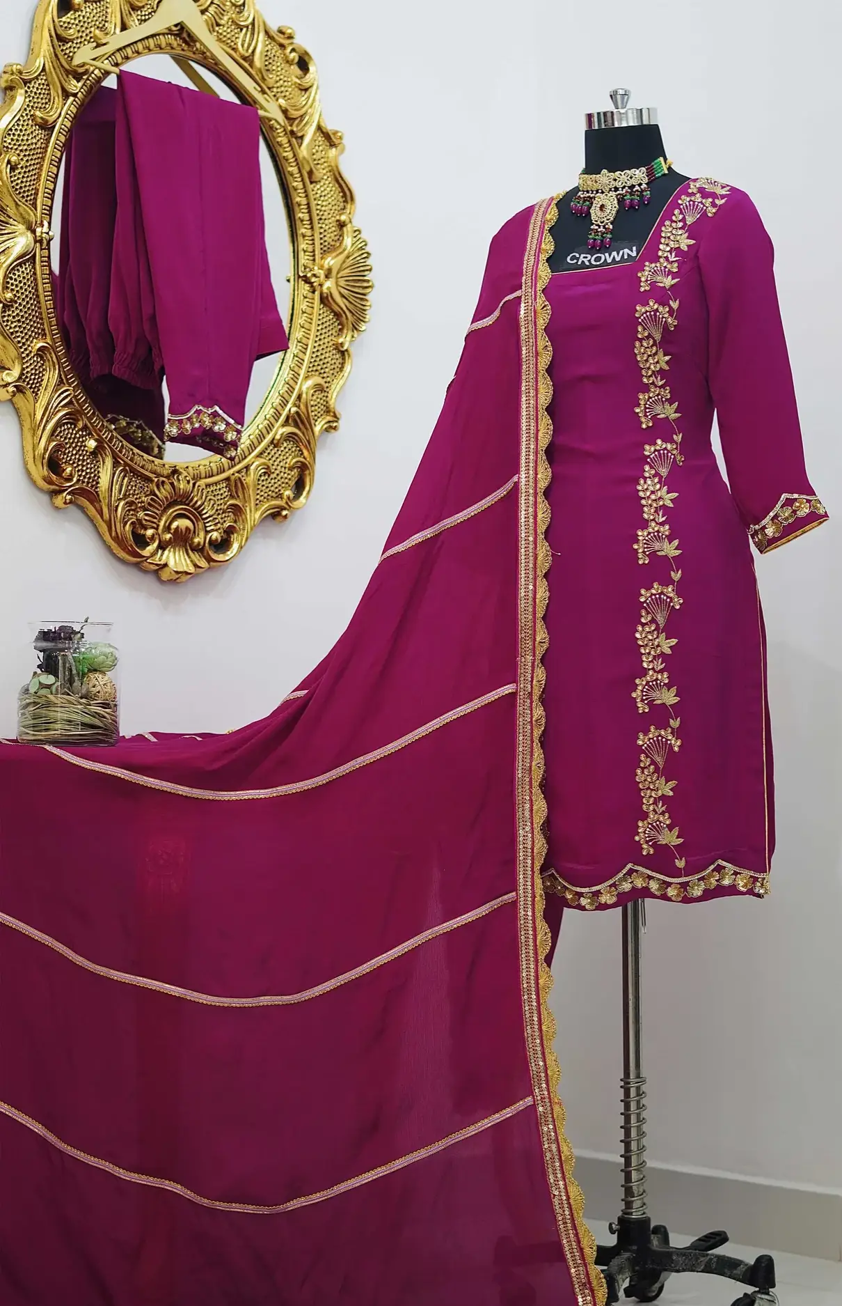 Zarri And Lace Work Wine Garara Suit With Dupatta